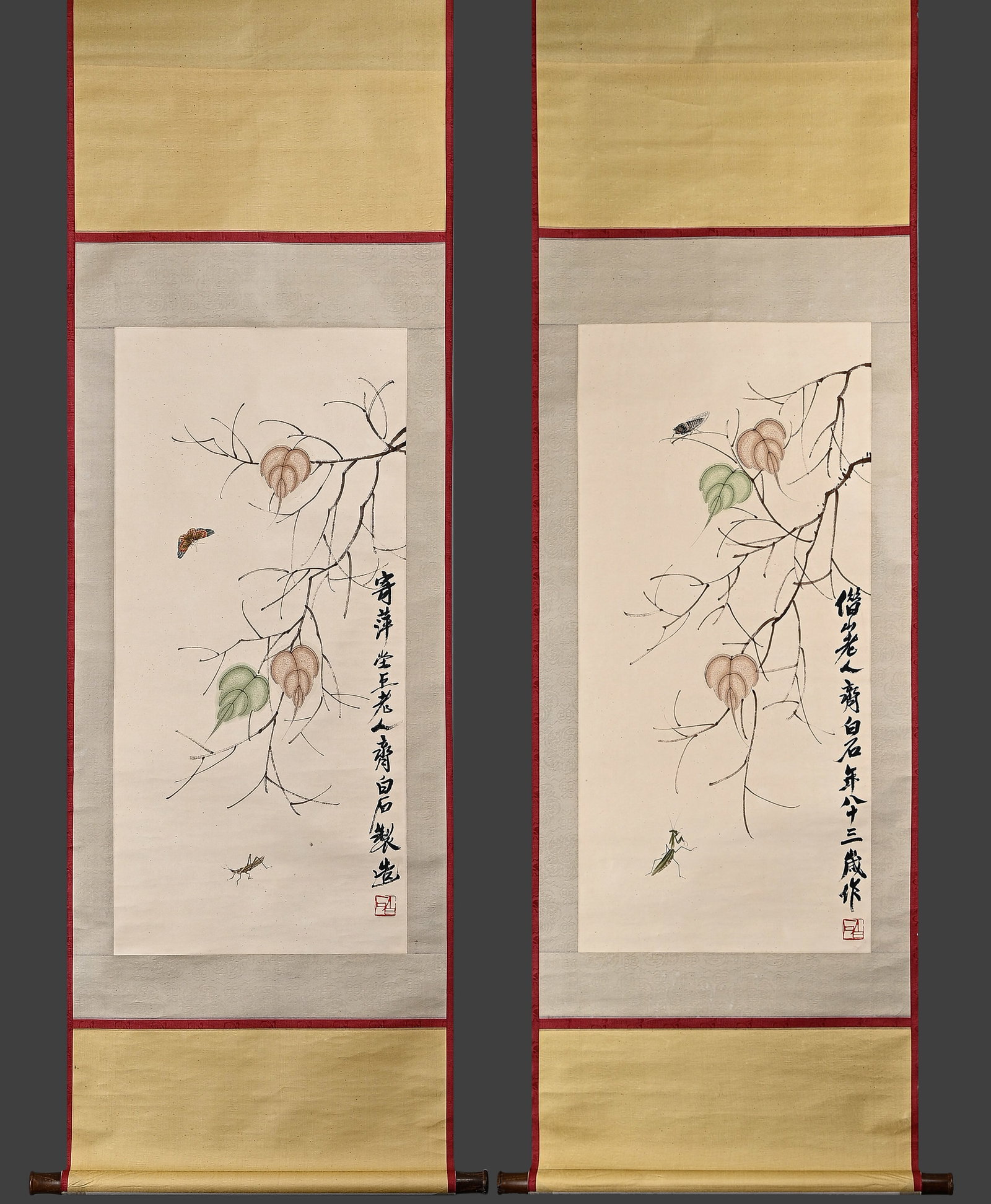 Qi Baishi Beiye Grass Worm Figure Double Screen Paper Vertical Shaft: W44cmL95cm