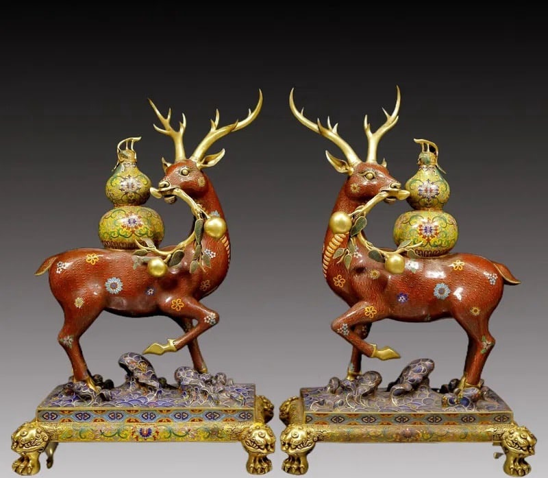 Qing Dynasty Cloisonne Enamel Fu Lu Shou: H66 cm W43 cm Wight390000 g