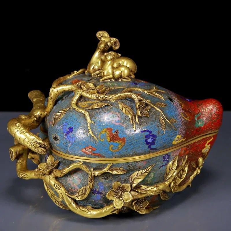 Qing Dynasty Cloisonne Enamel Shoutao Cover Box: H21 cm W 27cm Wight61000 g