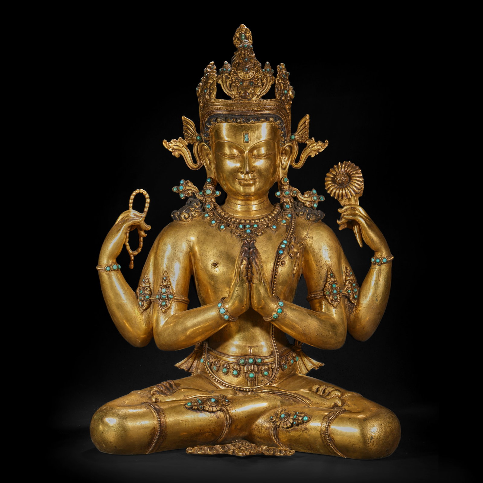 Qing Dynasty bronze gilt 4 arm Guanyin statue: H49cm W36cm