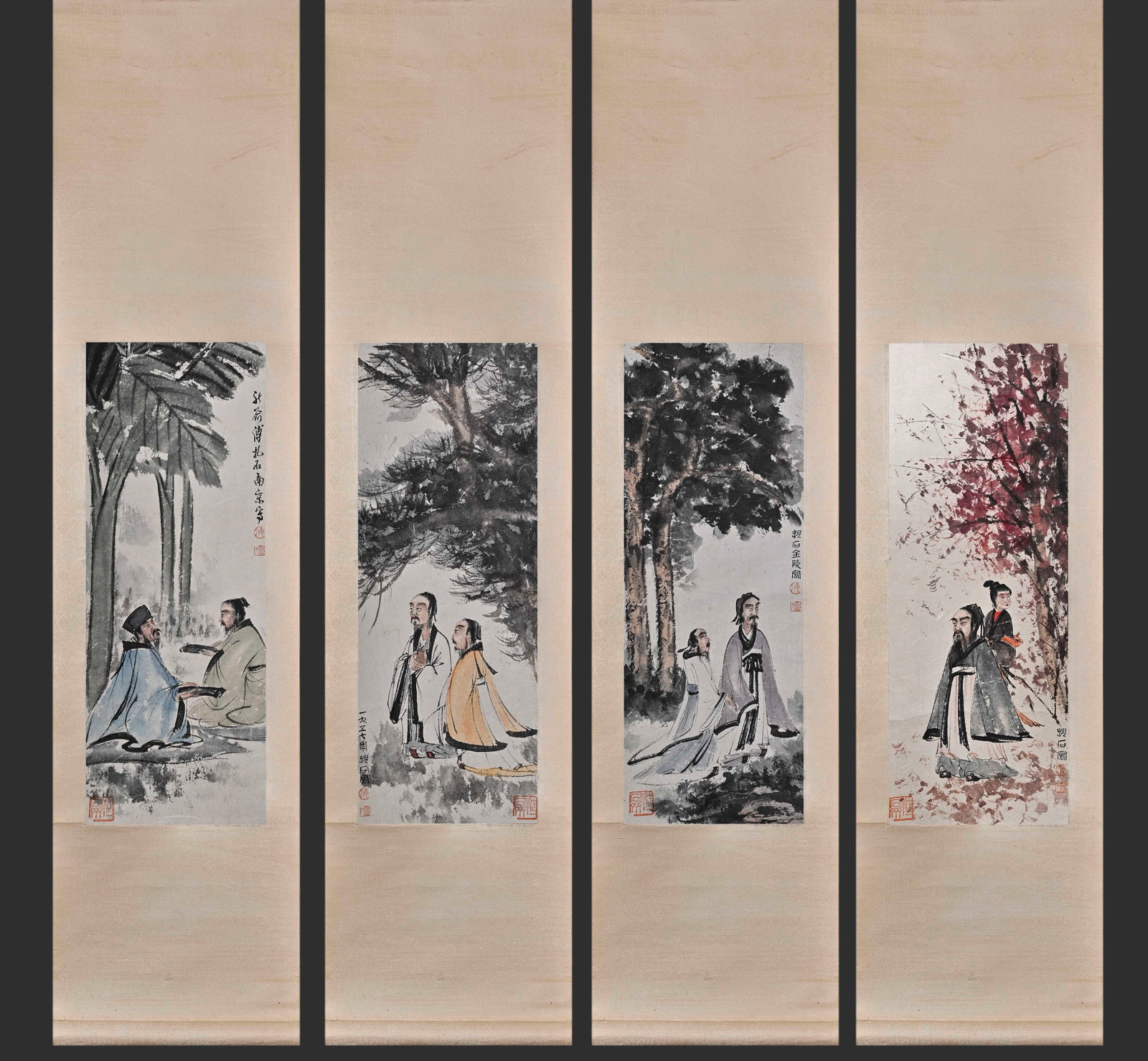 Fu Baoshi's Figure Four Screens Paper Vertical Shaft Cultural Relics Store Old Mounted Objects: W21cmL55cm