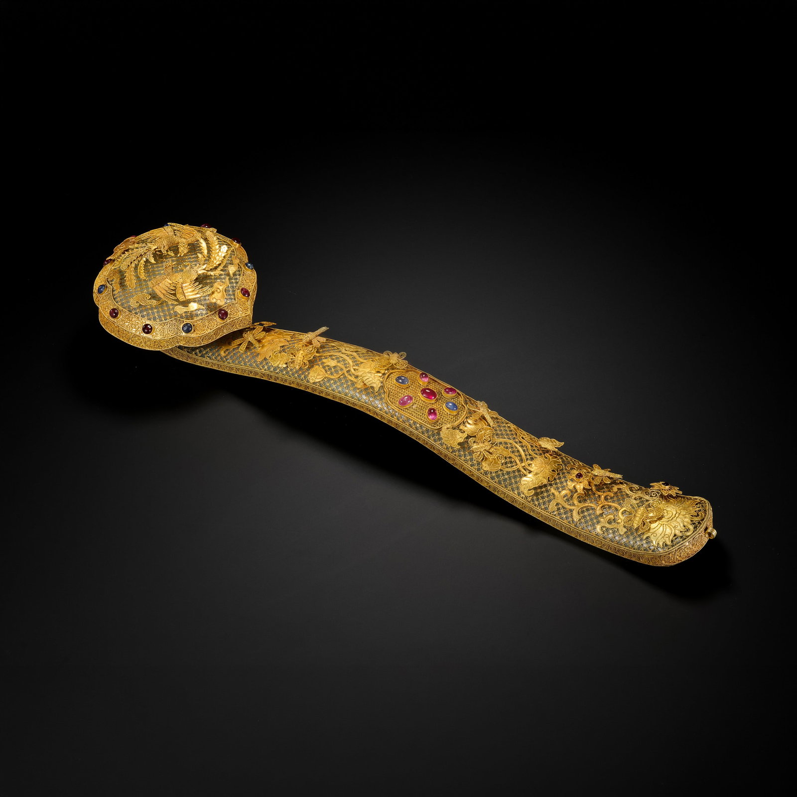 Qing Dynasty Hetian Jade Gold Filament Phoenix First Eight Treasures Jade Ruyi: H37.5cm W9.2cm Wight494g