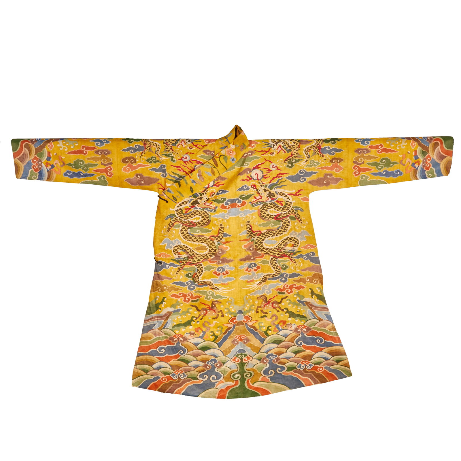 Qing Dynasty Peacock Plume with Yellow Bottom and Dragon Pattern Robe: H:138cm W:218cm
