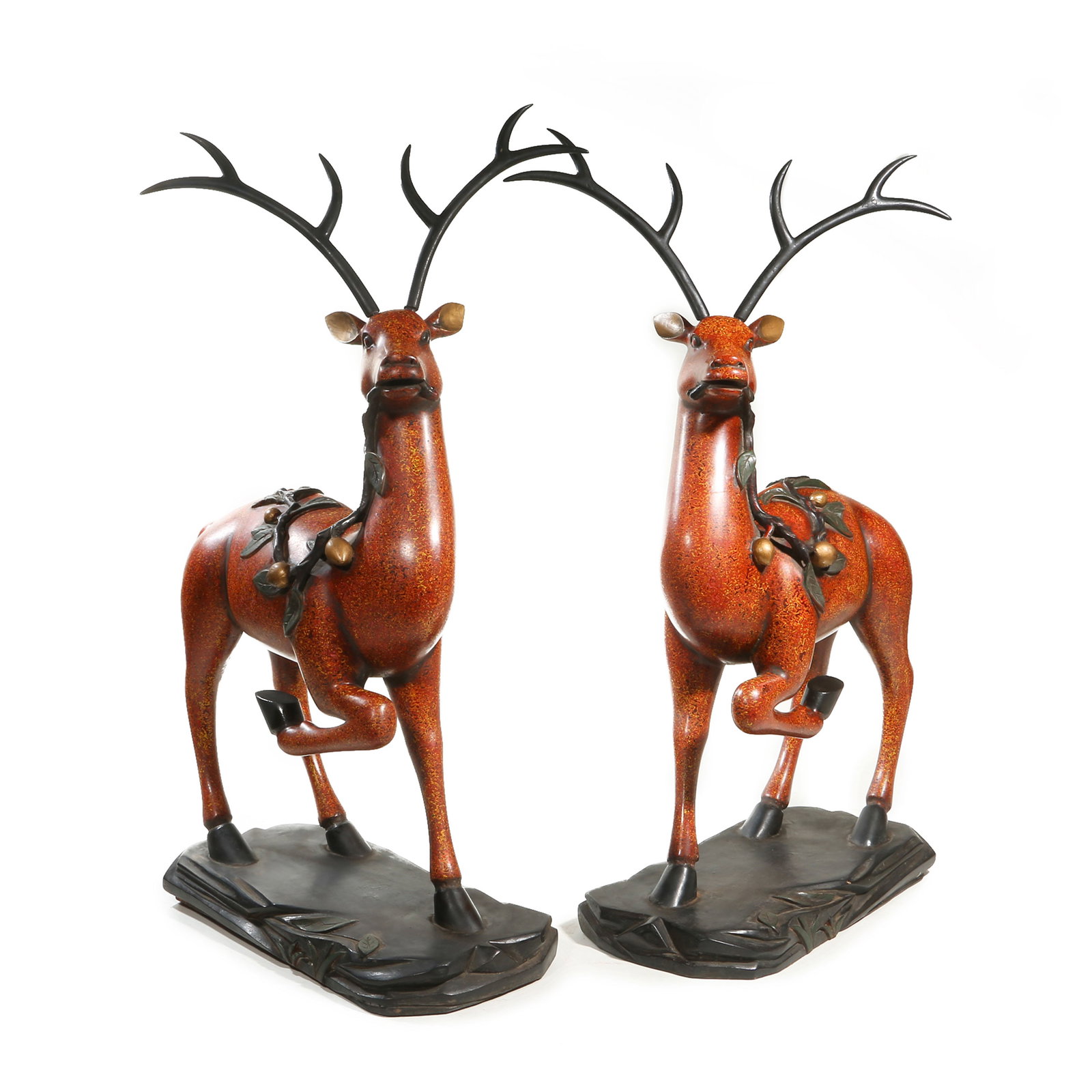 Qing Dynasty lacquer elk ornaments a pair: H120cm W72cm