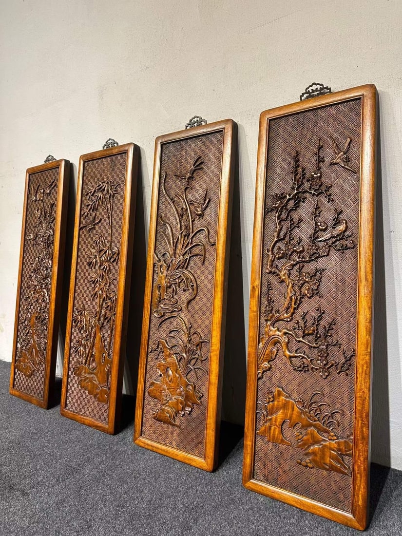 Qing Dynasty Huanghua Pear Carving Plum Orchid Bamboo Chrysanthemum Hanging Screen: H 105cm W30 cm