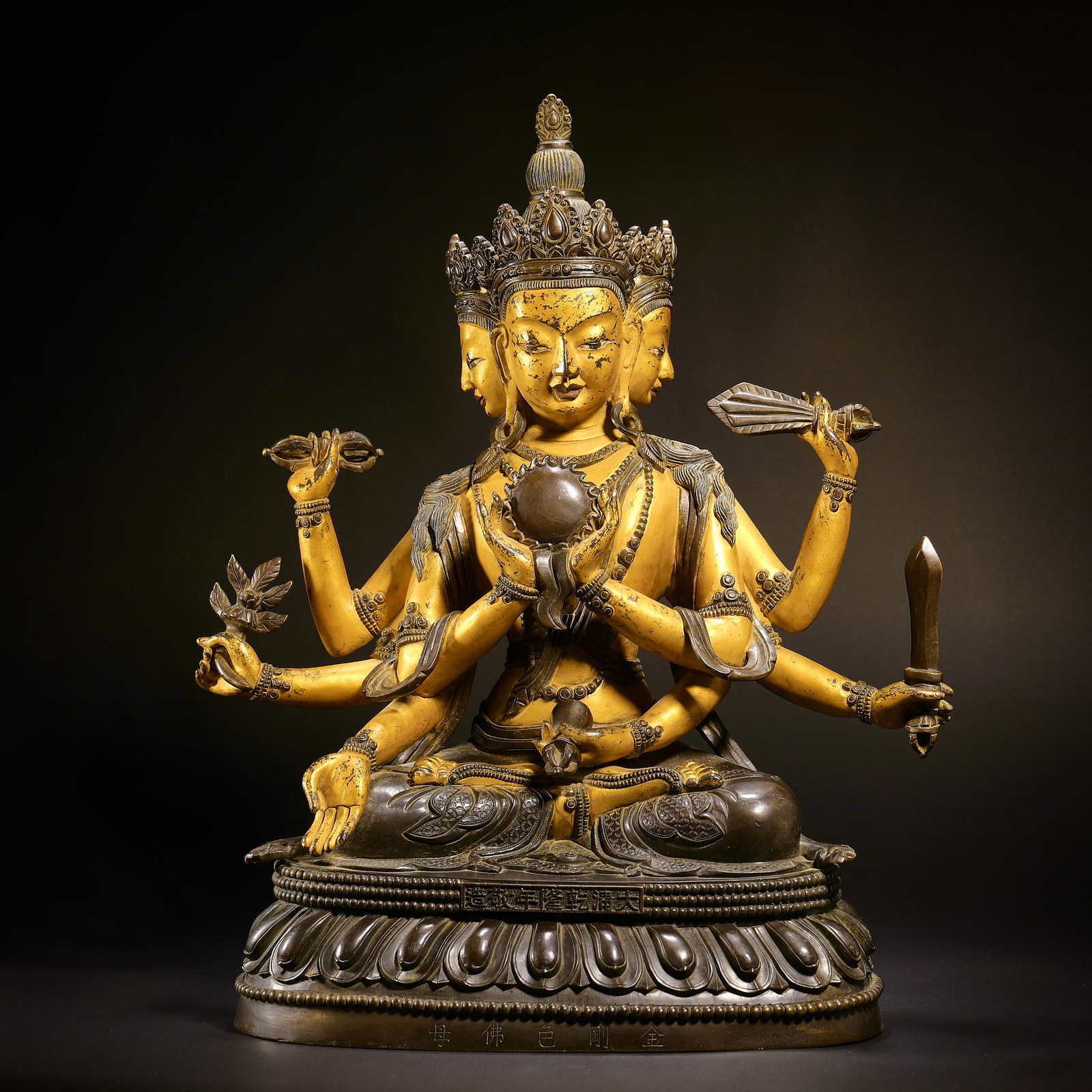 Qing Dynasty Three-headed Eight-arm King Kong Buddha Mother Statues: H36cm W28cm