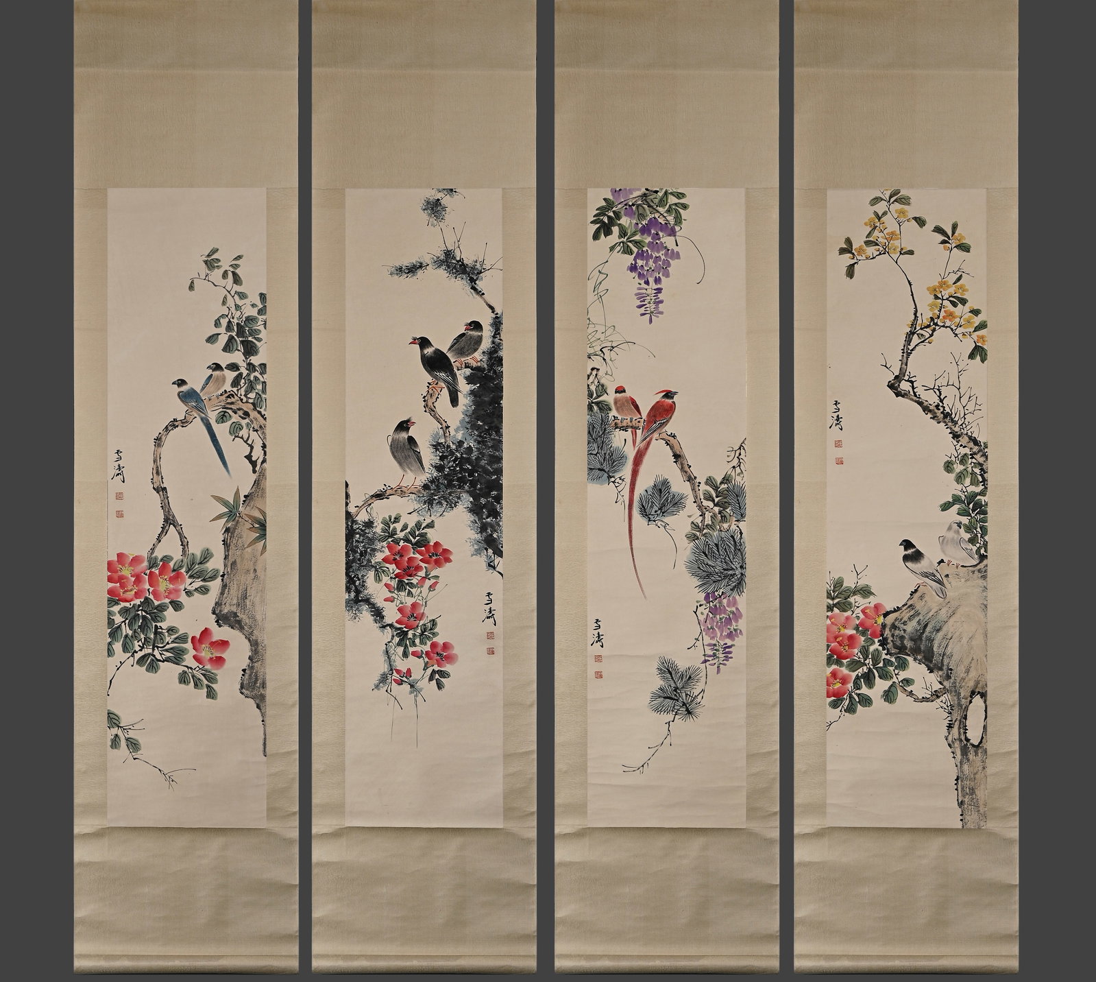 Wang Xuetao Flower and Bird 4 Screen Drawing Vertical Shaft: W32cmL136cm