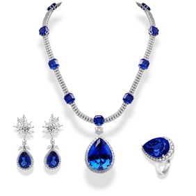 18kt White Gold 191.26ct Assorted cut Diamond & Sapphire Jewelry Set