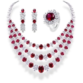 18kt White Gold 139.02ct Assorted cut Diamond & Ruby Jewelry Set