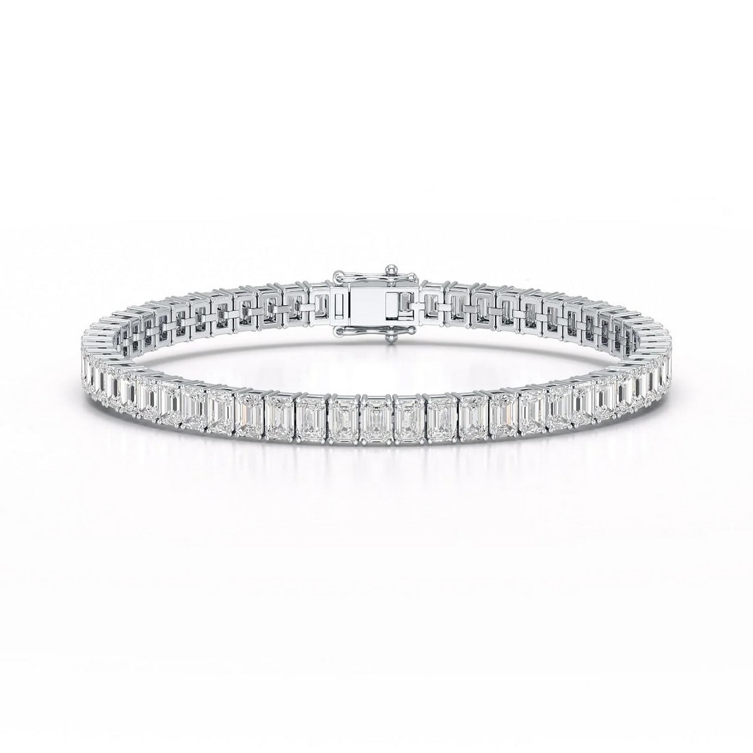 18kt White Gold 7.15ct. Emerald cut Diamond Bracelet: Gold Content: 18kt White Gold Gold weight (gm): 9.44 Shape of Lab Diamonds: Emerald Number of Lab Diamonds: 69 Lab Diamond Carat Range: 0.10 - 0.11 Lab Diamond Color Range: D - F Lab Diamond Clar