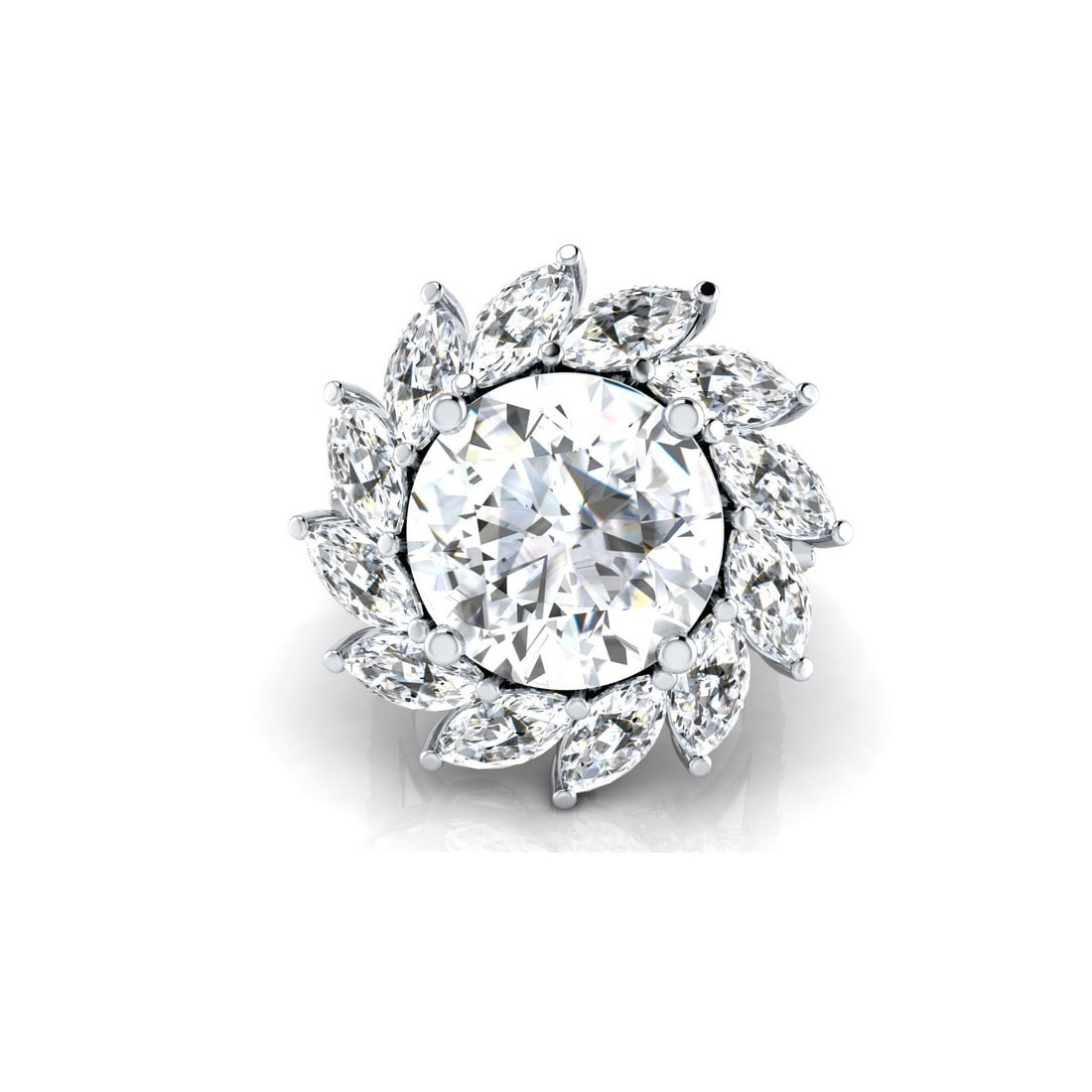 18kt White Gold 8.53ct. Round, Marquise cut Diamond Ring: Gold Content: 18kt White Gold Gold weight (gm): 4.47 Shape of Lab Diamonds: Round, Marquise Number of Lab Diamonds: 21 Lab Diamond Carat Range: 0.08 - 5.31 Lab Diamond Color Range: F Lab Diamond
