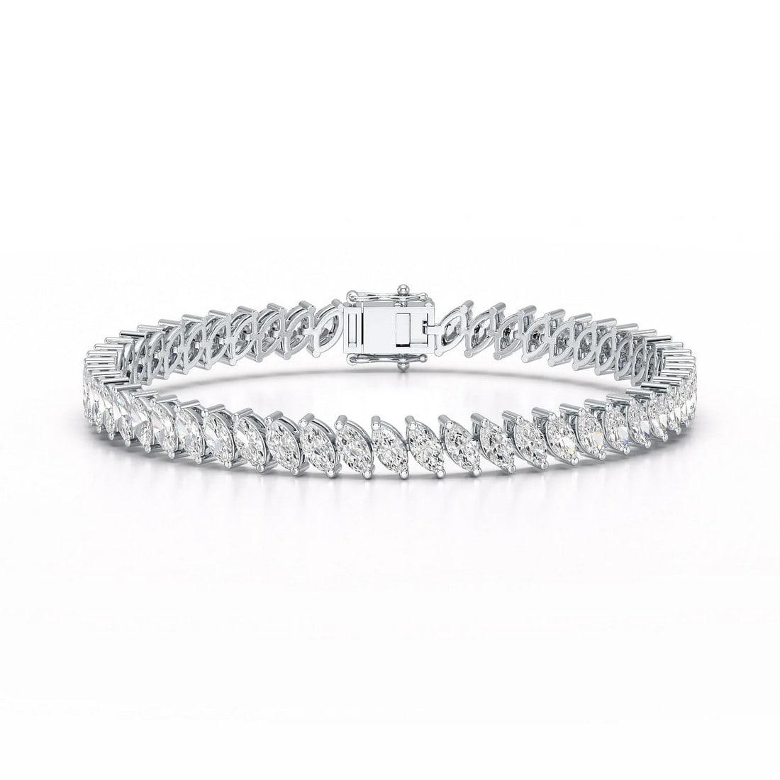 18kt White Gold 9.25ct. Marquise cut Diamond Bracelet: Gold Content: 18kt White Gold Gold weight (gm): 11.54 Shape of Lab Diamonds: Marquise Number of Lab Diamonds: 41 Lab Diamond Carat Range: 0.22 - 0.23 Lab Diamond Color Range: D - F Lab Diamond Cl