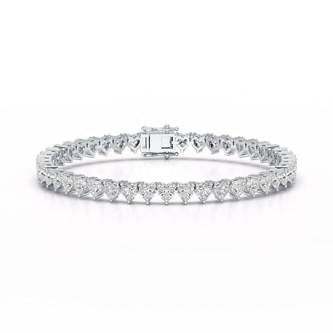 18kt White Gold 16.52ct. Heart cut Diamond Bracelet: Gold Content: 18kt White Gold Gold weight (gm): 12.23 Shape of Lab Diamonds: Heart Number of Lab Diamonds: 32 Lab Diamond Carat Range: 0.51 - 0.52 Lab Diamond Color Range: D - F Lab Diamond Clari