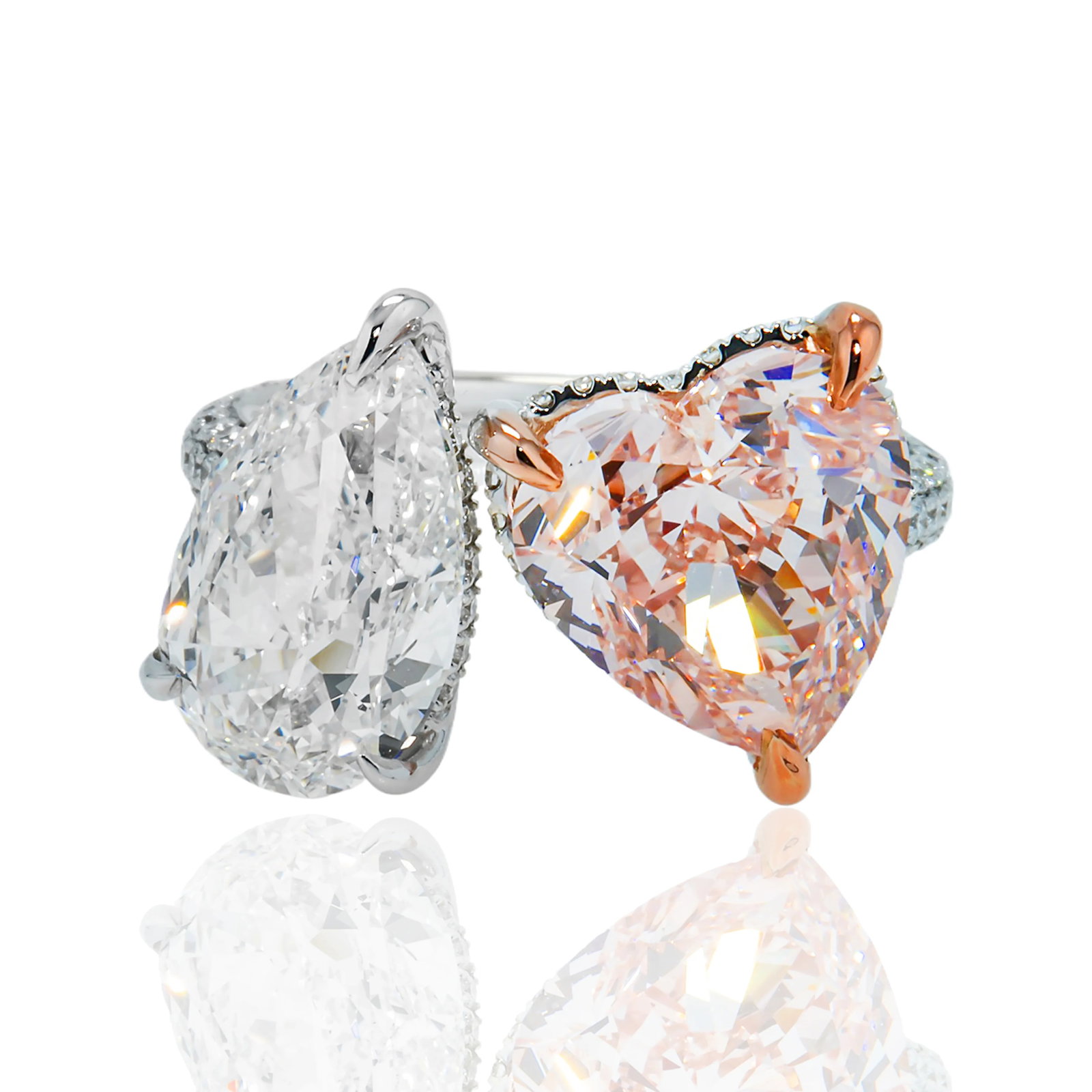 18kt White Gold 9.5tcw Pear cut and Fancy Pink Heart cut Diamond Halo And Pave Ring (1 of 4)