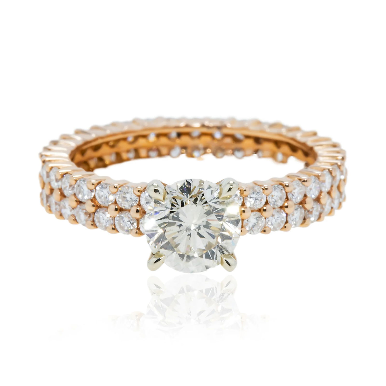 14 kt Yellow Gold 2.6tcw Round Cut Diamond Ring with Pave Matching Band: Gold Type: 14 kt Yellow Gold Gold weight (gram): 6.5 Total Carat Weight of Lab Grown Diamonds (Approximate): 2.6 Total # of Lab Grown Diamonds: 71 Shape of Lab Grown Diamonds: Round Lab Grow