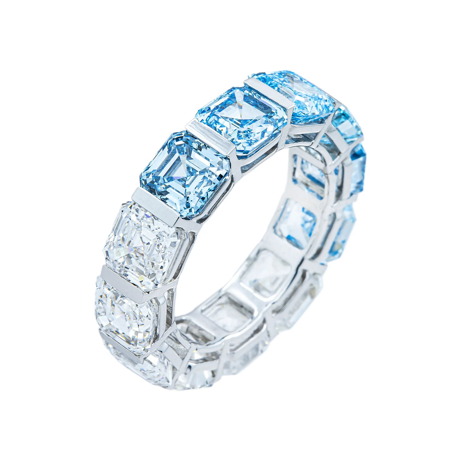 14kt White Gold 13tcw Fancy Blue And White Asscher cut Diamonds Eternity Band: Gold Type: 14kt White Gold Gold weight (gram): 8 Total Carat Weight of Lab Grown Diamonds (Approximate): 13 Total # of Lab Grown Diamonds: 6 Shape of Lab Grown Diamonds: Asscher Lab Grown Di