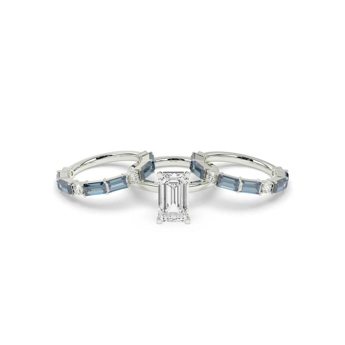 Platinum 8tcw Emerald cut Diamond with Sapphire Band Set: Gold Type: Platinum Gold weight (gram): 14 Total Carat Weight of Lab Grown Diamonds (Approximate): 8 Total # of Lab Grown Diamonds: 9 Shape of Lab Grown Diamonds: Emerald/Round Lab Grown Dia