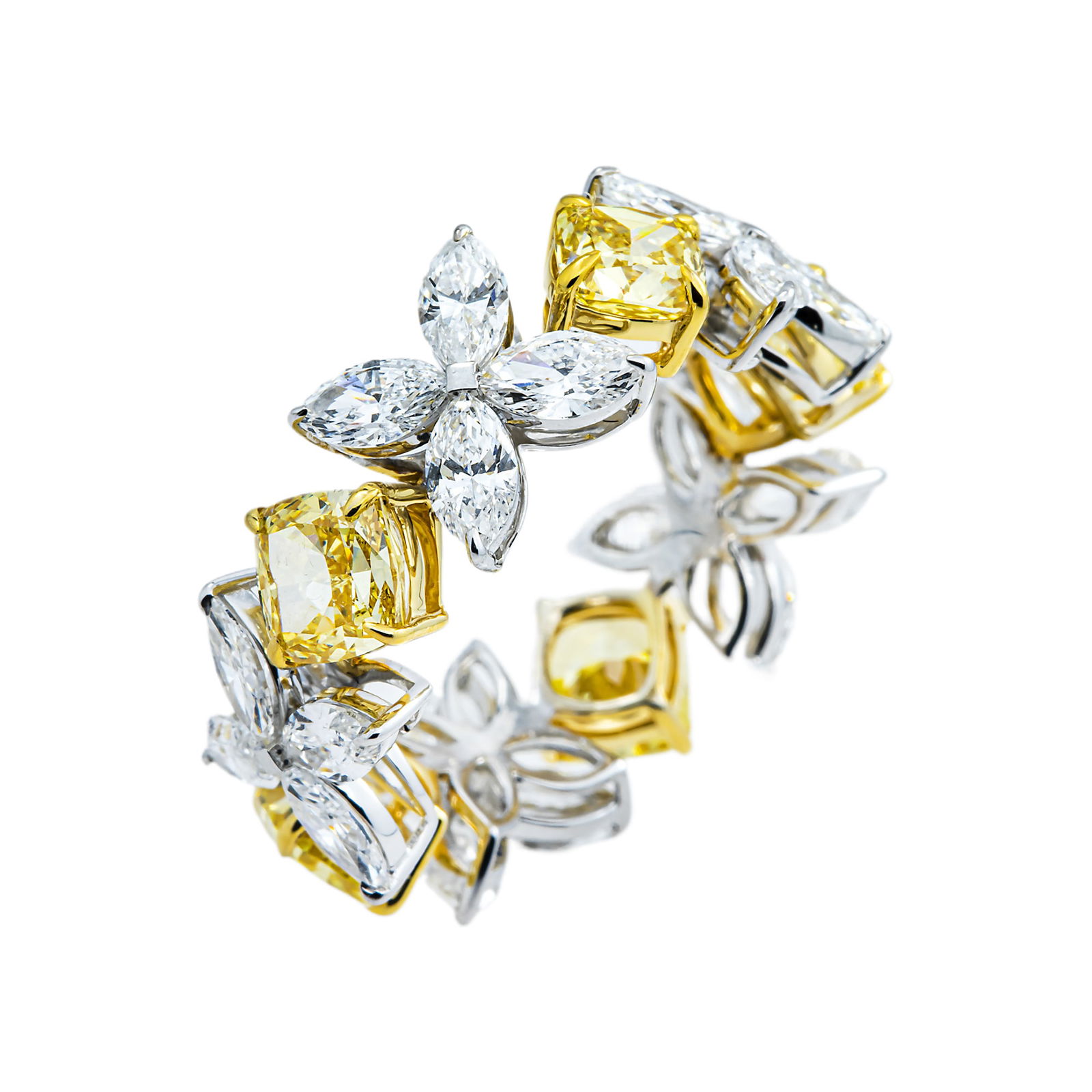 14 kt 2-Tone Gold 6.5tcw Two Tone Marquise and Cushion Cut Diamond Eternity Band: Gold Type: 14 kt Yellow & White Gold Gold weight (gram): 7 Total Carat Weight of Lab Grown Diamonds (Approximate): 6.5 Total # of Lab Grown Diamonds: 20 Shape of Lab Grown Diamonds: Marquise