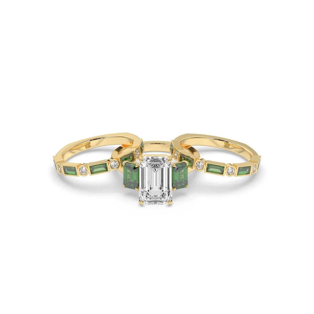 14kt Yellow Gold 6.8tcw Emerald cut Diamond with Emerald and Diamonds Band Set (1 of 4)