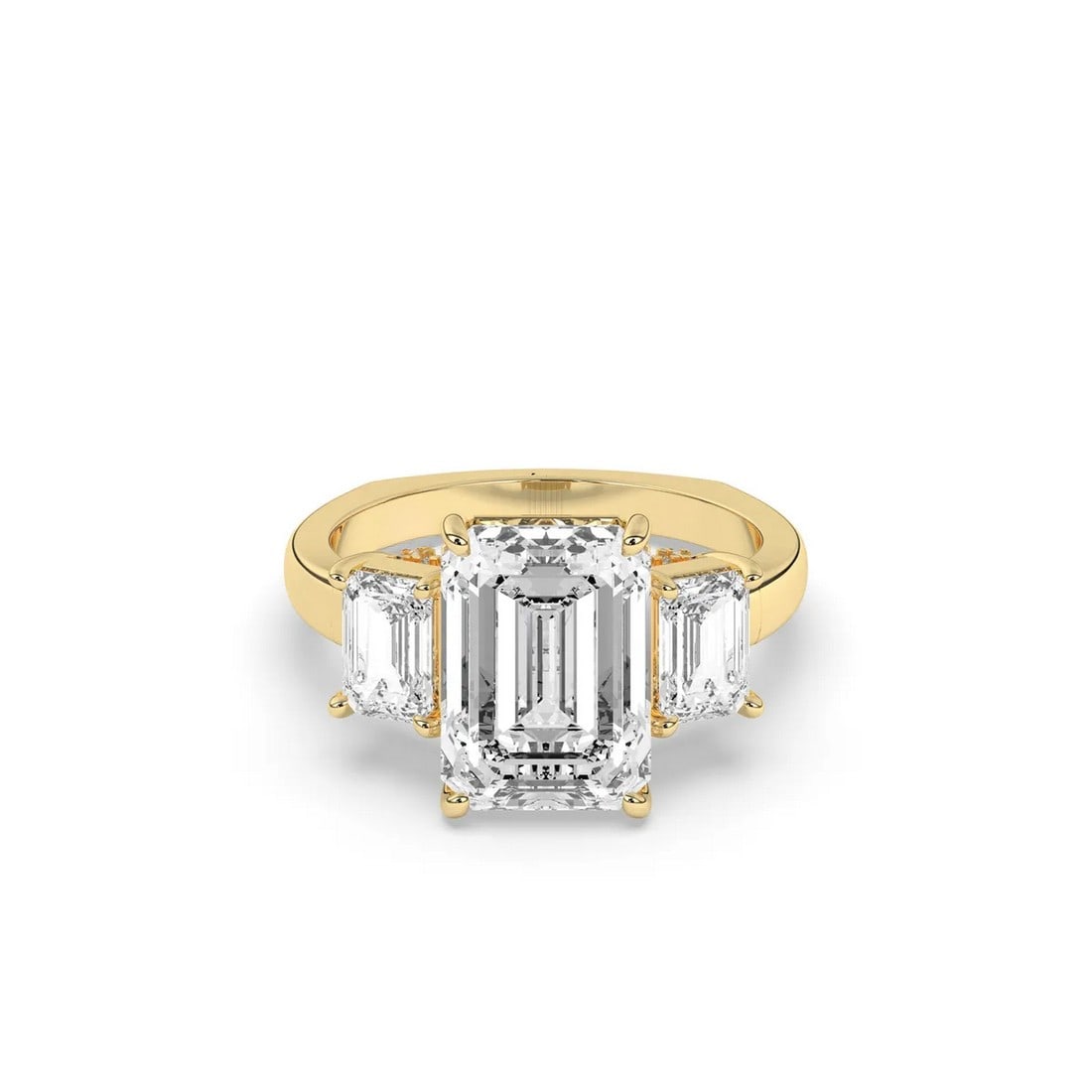 18kt Yellow Gold 6.9tcw Emerald cut Diamond Ring with Emerald cut side Diamonds: Gold Type: 18kt Yellow Gold Gold weight (gram): 7.5 Total Carat Weight of Lab Grown Diamonds (Approximate): 6.9 Total # of Lab Grown Diamonds: 25 Shape of Lab Grown Diamonds: Emerald/Round L