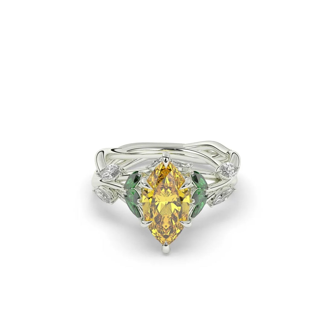 Platinum 3tcw Yellow Marquise cut Diamond with Snowburst Pattern Ring: Gold Type: Platinum Gold weight (gram): 7 Total Carat Weight of Lab Grown Diamonds (Approximate): 3 Total # of Lab Grown Diamonds: 8 Shape of Lab Grown Diamonds: Marquise Lab Grown Diamond C