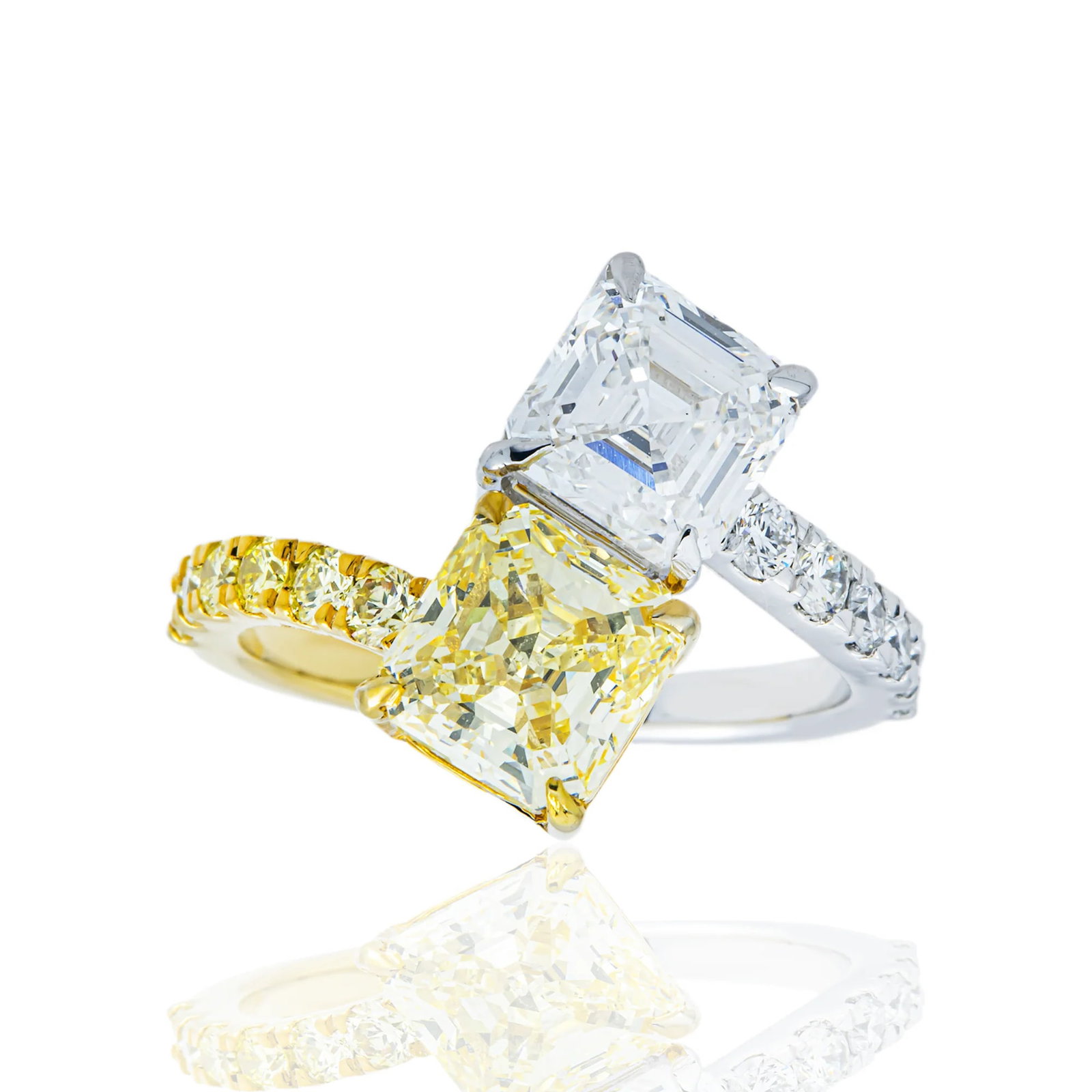 14kt 2-Tone Gold 4.2tcw Two Tone Fancy Color and Asscher cut Diamonds Wrap Around Diamond Ring: Gold Type: 14kt Yellow & White Gold Gold weight (gram): 7 Total Carat Weight of Lab Grown Diamonds (Approximate): 4.2 Total # of Lab Grown Diamonds: 7 Shape of Lab Grown Diamonds: Asscher/Roun