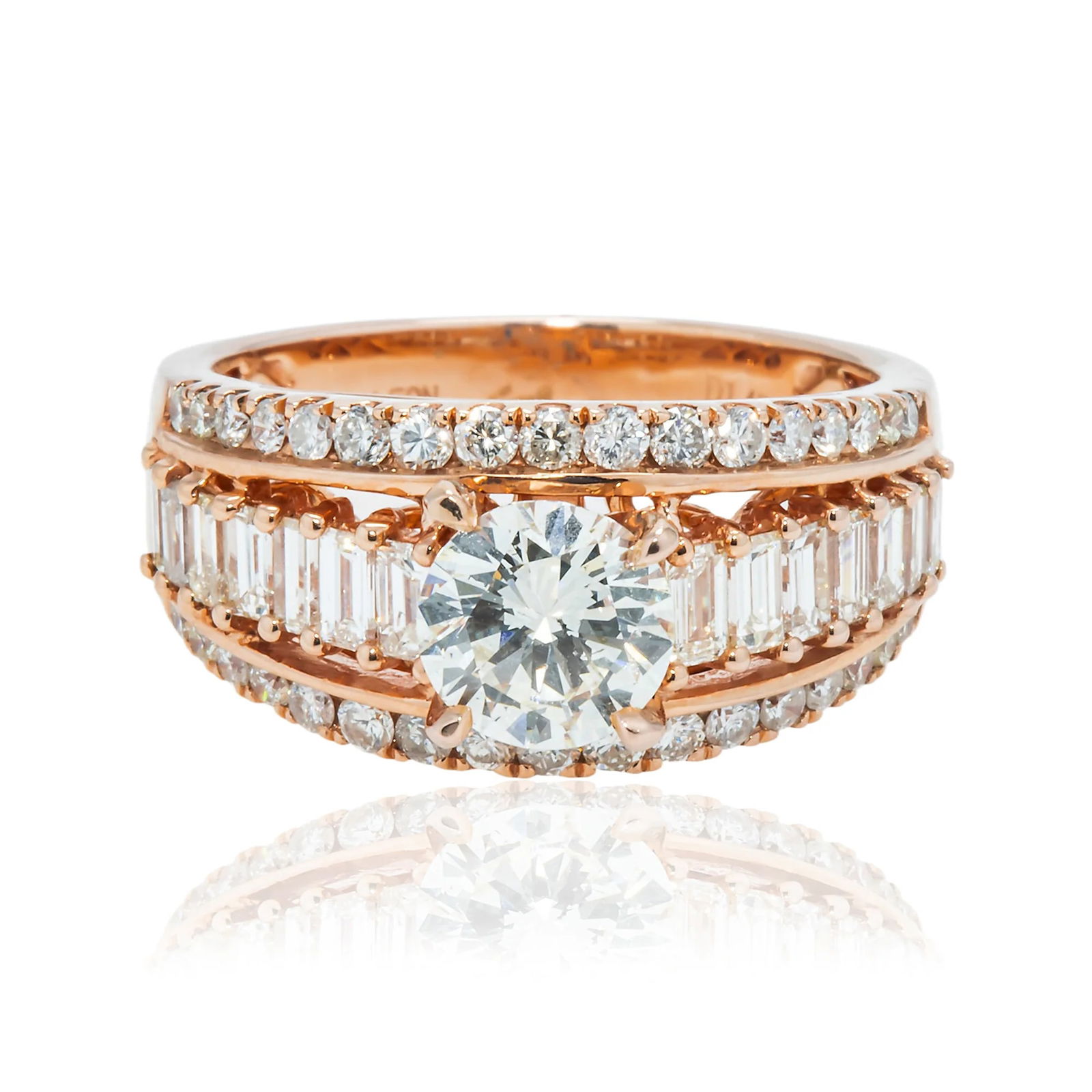 14 kt Yellow Gold 2.5tcw Triple Band Engagement Ring: Gold Type: 14 kt Yellow Gold Gold weight (gram): 8 Total Carat Weight of Lab Grown Diamonds (Approximate): 2.5 Total # of Lab Grown Diamonds: 49 Shape of Lab Grown Diamonds: Round/ Emerald L