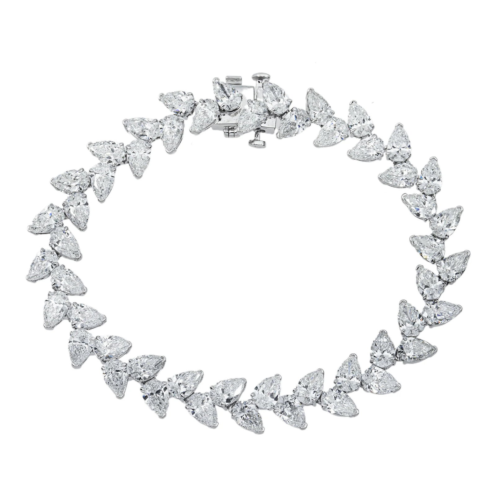 14kt White Gold 17.38tcw Pear cut Diamond Fancy Bracelet: Gold Type: 14 kt White Gold Gold weight (gram): 17 Total Carat Weight of Lab Grown Diamonds (Approximate): 17.38 Total # of Lab Grown Diamonds: 48 Shape of Lab Grown Diamonds: Pear Lab Grown