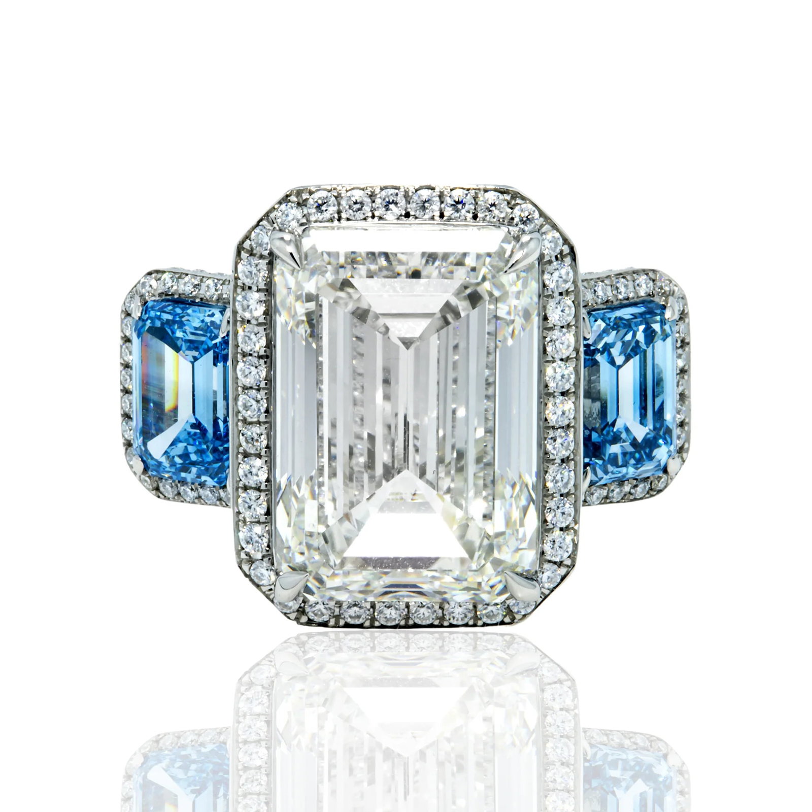 Platinum 14tcw White And Fancy Blue Triple Emerald cut Diamond Ring: Gold Type: Platinum Gold weight (gram): 15 Total Carat Weight of Lab Grown Diamonds (Approximate): 14 Total # of Lab Grown Diamonds: 111 Shape of Lab Grown Diamonds: Emerald/Round Lab Grown