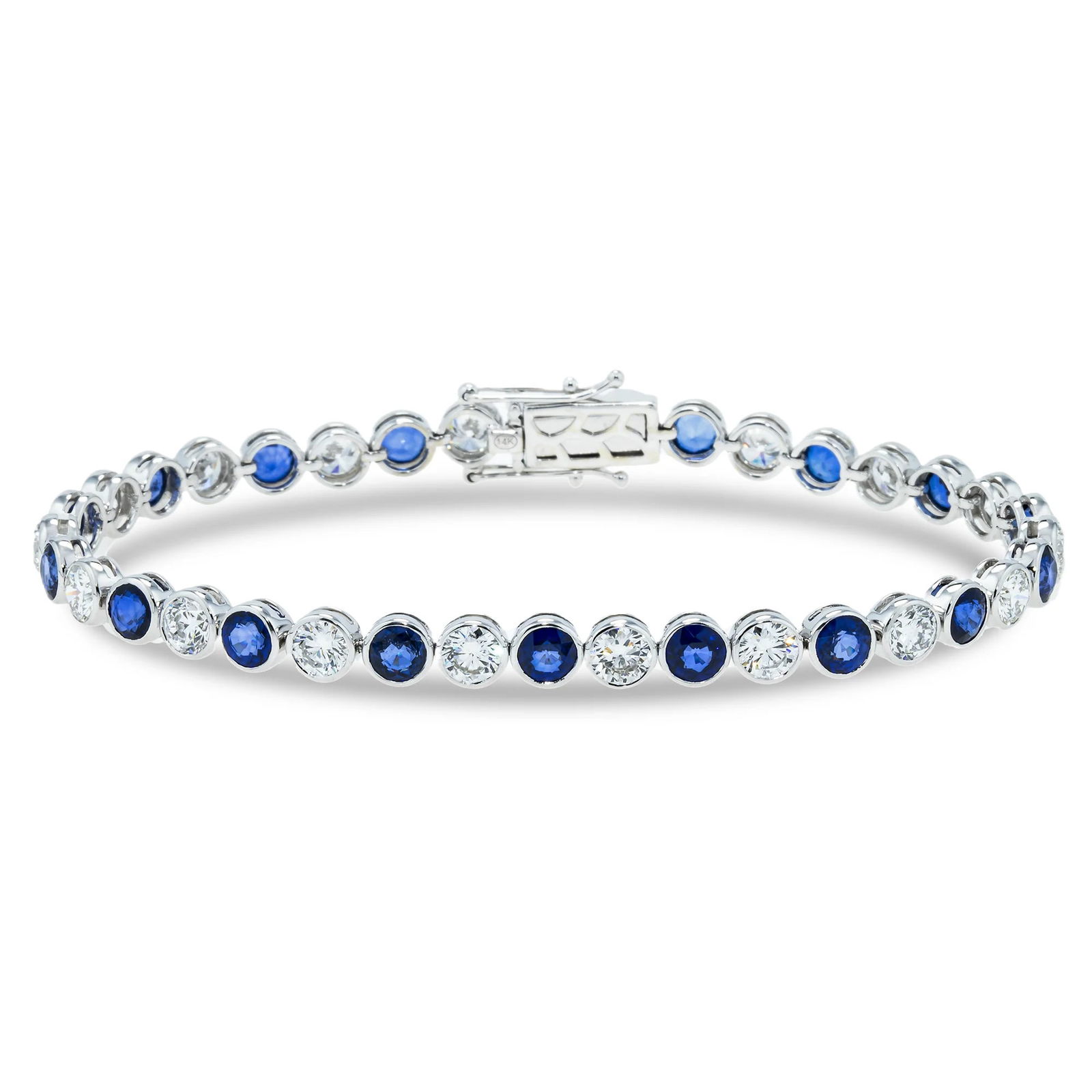 18kt White Gold 12tcw Blue Sapphire Diamond Bracelet: Gold Type: 18 kt White Gold Gold weight (gram): 14 Total Carat Weight of Lab Grown Diamonds (Approximate): 12 Total # of Lab Grown Diamonds: 24 Shape of Lab Grown Diamonds: Round Lab Grown D