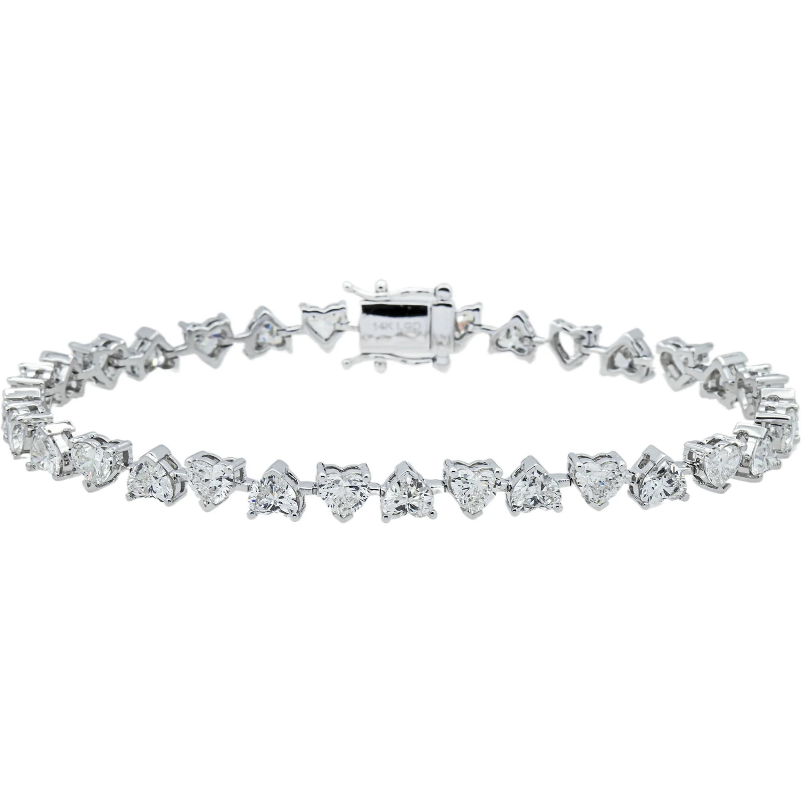14kt White Gold 8.32tcw Heart Diamond Tennis Bracelet: Gold Type: 14 kt White Gold Gold weight (gram): 13 Total Carat Weight of Lab Grown Diamonds (Approximate): 8.32 Total # of Lab Grown Diamonds: 32 Shape of Lab Grown Diamonds: Heart Lab Grown