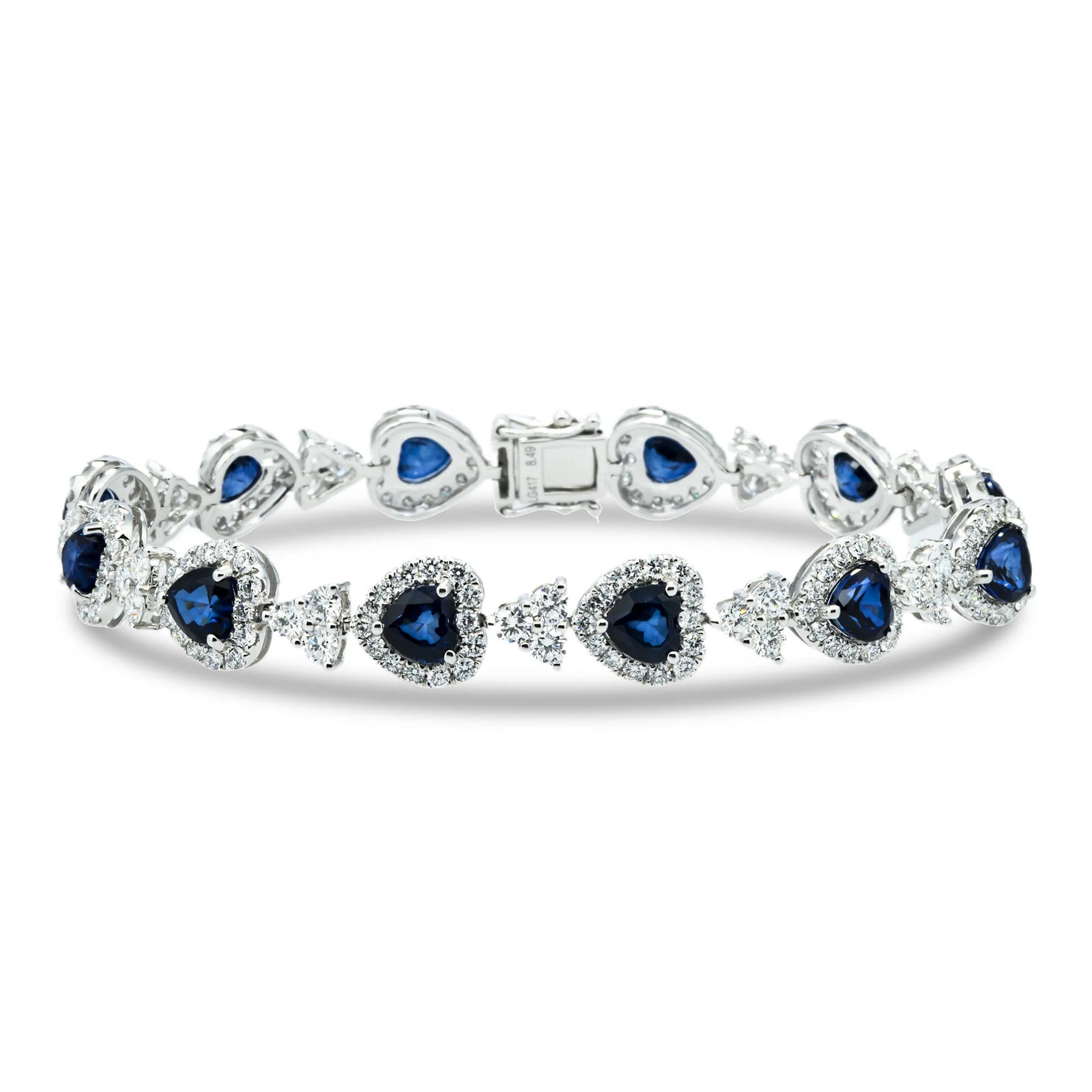 14kt White Gold 13.06tcw Blue Sapphire And Diamond Fancy Bracelet: Gold Type: 14 kt White Gold Gold weight (gram): 18 Total Carat Weight of Lab Grown Diamonds (Approximate): 13.06 Total # of Lab Grown Diamonds: 216 Shape of Lab Grown Diamonds: Round Lab Gro