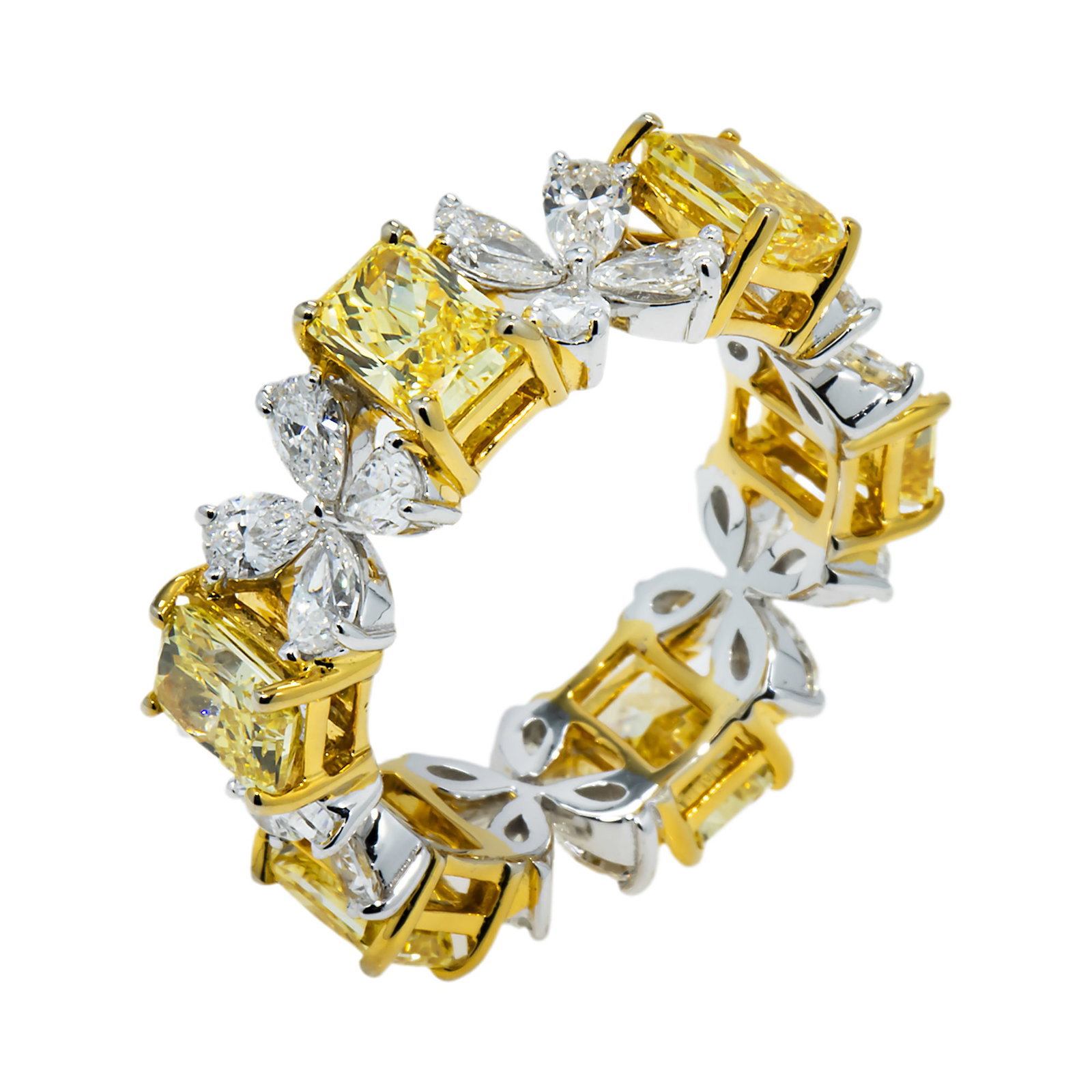 14kt 2-Tone Gold 5.8tcw Two Tone Fancy Yellow Radiant And Pear cut Diamond Eternity Band: Gold Type: 14kt Yellow & White Gold Gold weight (gram): 10 Total Carat Weight of Lab Grown Diamonds (Approximate): 5.8 Total # of Lab Grown Diamonds: 24 Shape of Lab Grown Diamonds: Pear Lab