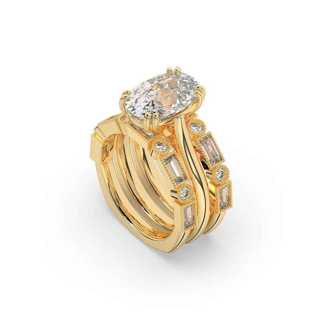 14kt Yellow Gold 5.5tcw Cushion cut Diamond Engagement Ring with Two Band Set: Gold Type: 14kt Yellow Gold Gold weight (gram): 10 Total Carat Weight of Lab Grown Diamonds (Approximate): 5.5 Total # of Lab Grown Diamonds: 19 Shape of Lab Grown Diamonds: Cushion/Baguette/R