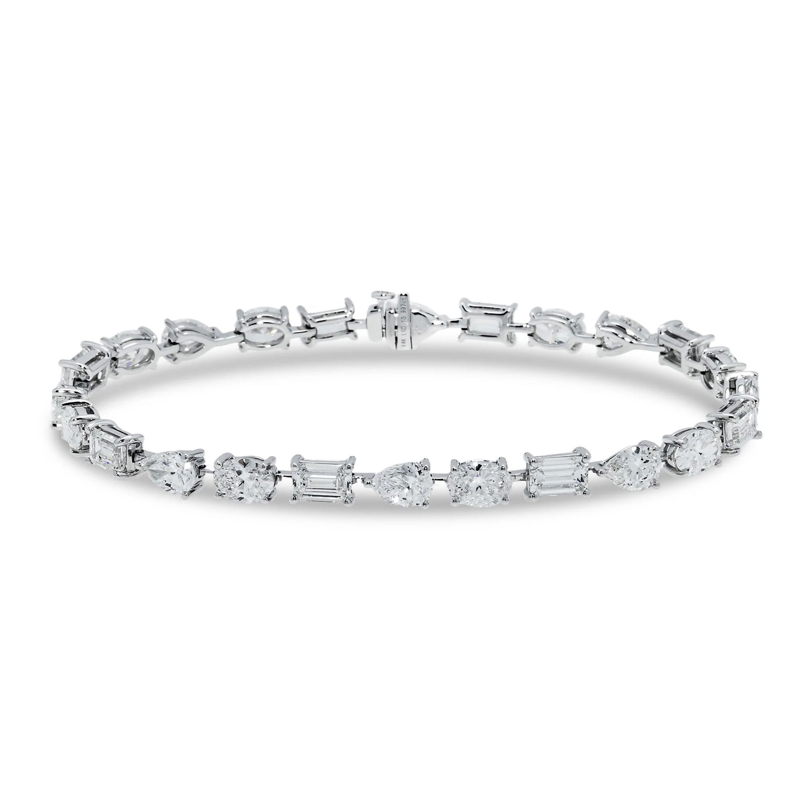 14kt White Gold 11tcw Mix Cut Diamond Fancy Bracelet: Gold Type: 14 kt White Gold Gold weight (gram): 15 Total Carat Weight of Lab Grown Diamonds (Approximate): 11 Total # of Lab Grown Diamonds: 24 Shape of Lab Grown Diamonds: Oval/ Pear/ Emerald