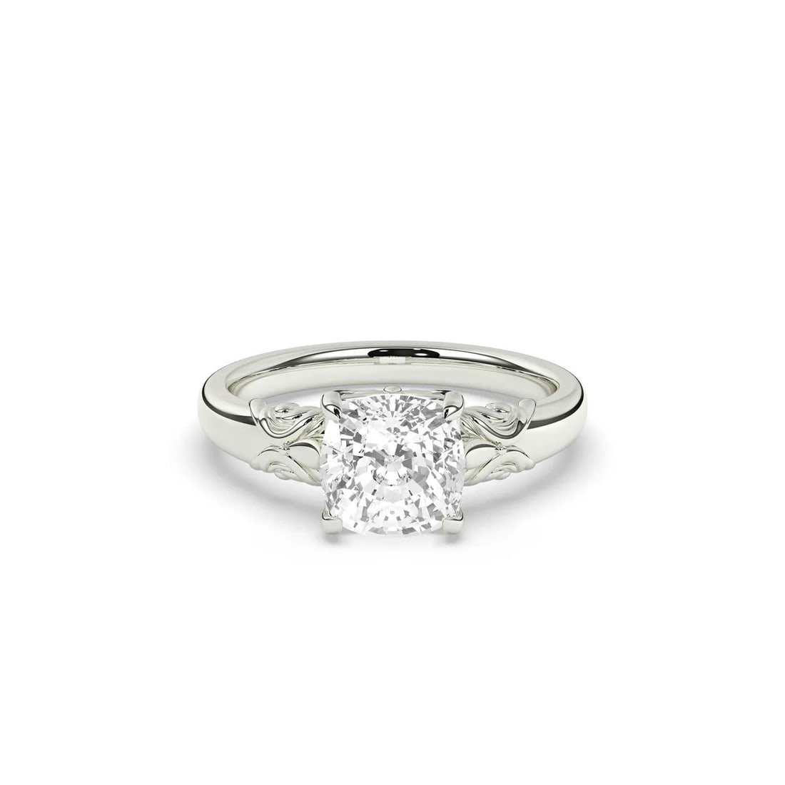 18kt White Gold 3tcw Cushion cut Solitaire Diamond Ring with Hand Engraved Shoulders: Gold Type: 18kt White Gold Gold weight (gram): 4.5 Total Carat Weight of Lab Grown Diamonds (Approximate): 3 Total # of Lab Grown Diamonds: 1 Shape of Lab Grown Diamonds: Cushion Lab Grown D