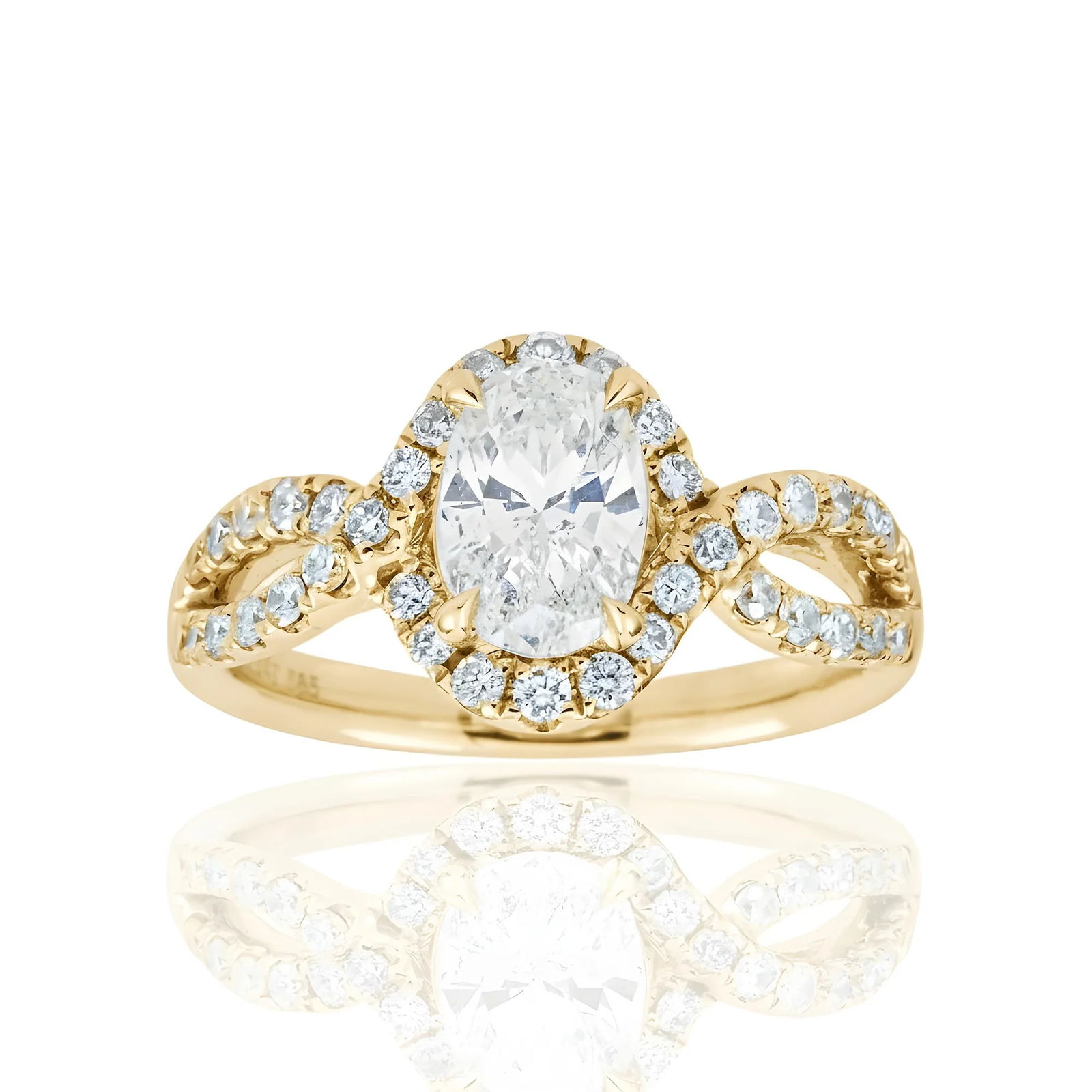 14 kt White Gold 1.55tcw Oval Cut Engagement Ring: Gold Type: 14 kt White Gold Gold weight (gram): 6 Total Carat Weight of Lab Grown Diamonds (Approximate): 1.55 Total # of Lab Grown Diamonds: 36 Shape of Lab Grown Diamonds: Oval/ Round Lab