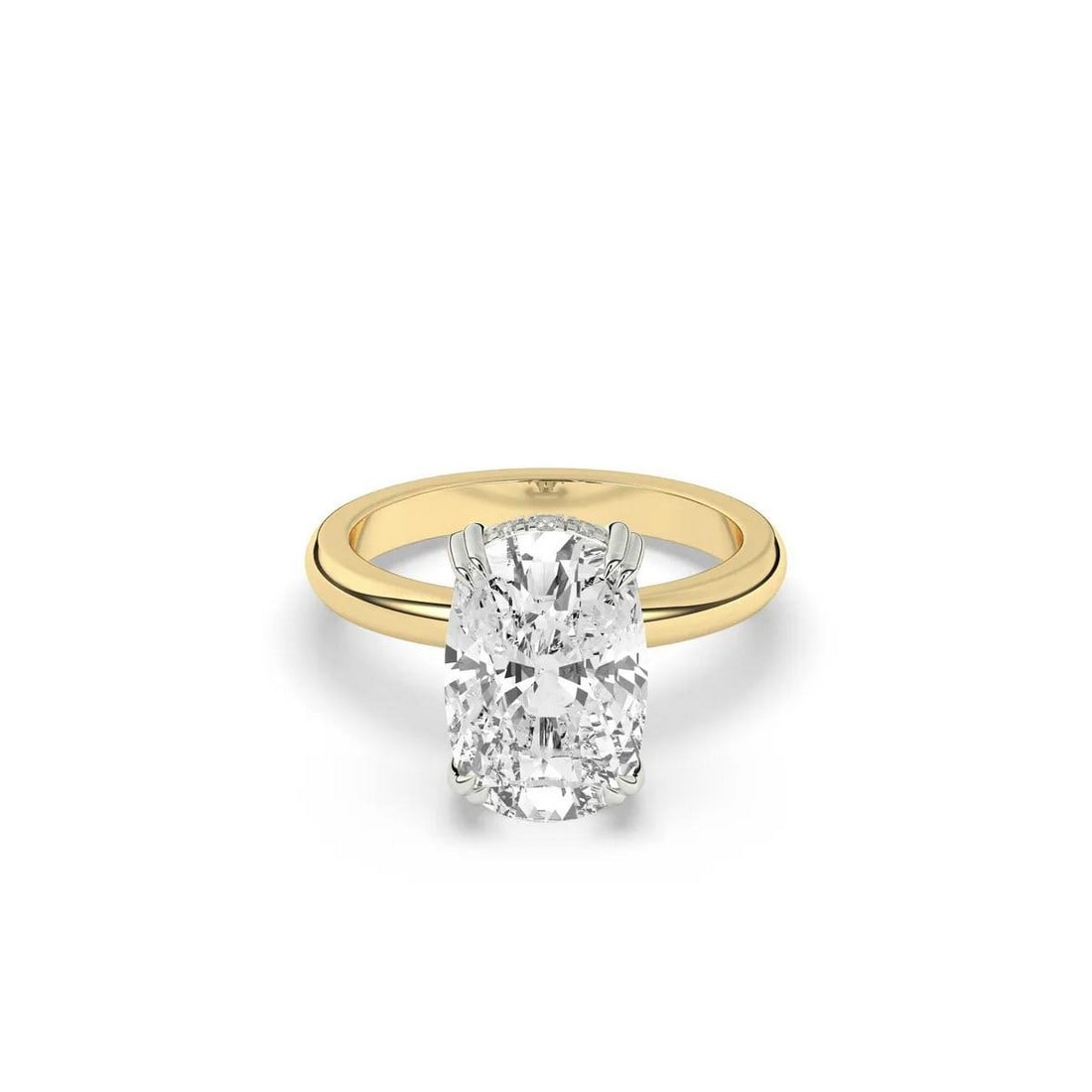 18kt Yellow Gold 4.25tcw Two Tone Hidden Accented Halo Cushion cut Diamond Ring: Gold Type: 18kt Yellow Gold Gold weight (gram): 4.8 Total Carat Weight of Lab Grown Diamonds (Approximate): 4.25 Total # of Lab Grown Diamonds: 17 Shape of Lab Grown Diamonds: Long Cushion/Rou