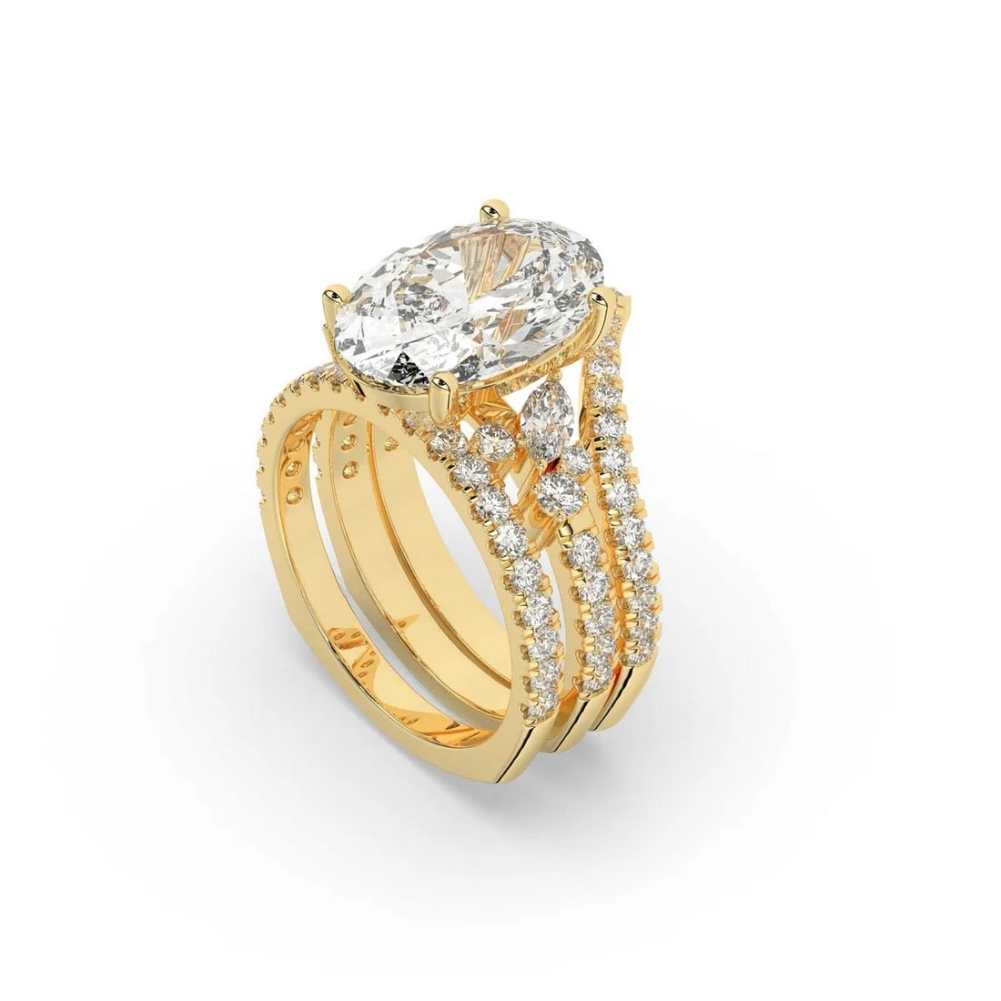 14kt Yellow Gold 4.8tcw Diamond Ring with Snowburst Diamonds with Chevron Band Set: Gold Type: 14kt Yellow Gold Gold weight (gram): 8 Total Carat Weight of Lab Grown Diamonds (Approximate): 4.8 Total # of Lab Grown Diamonds: 64 Shape of Lab Grown Diamonds: Oval/Round/Marquise