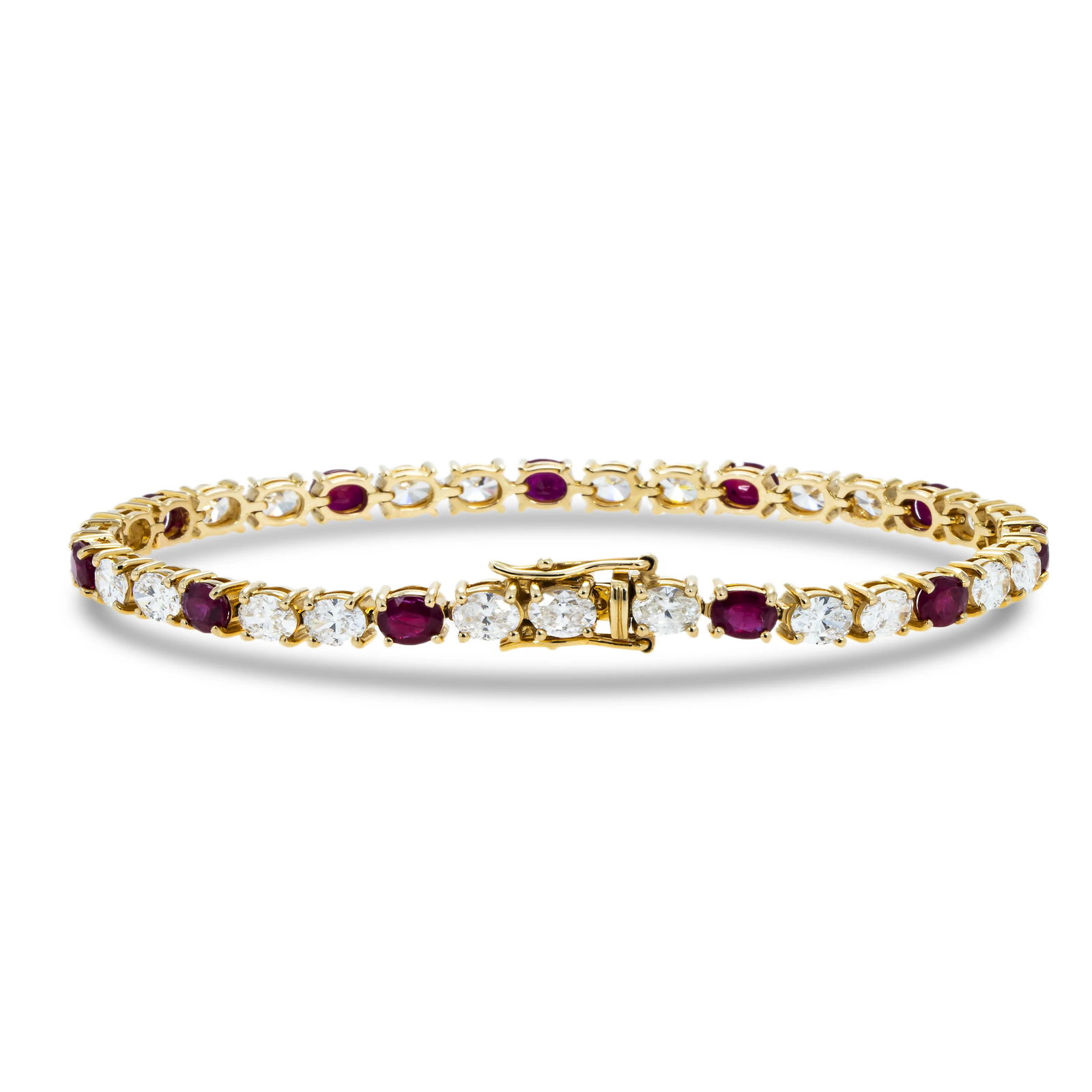 14kt Yellow Gold 8.75tcw Ruby And Diamond Tennis Bracelet: Gold Type: 14 kt Yellow Gold Gold weight (gram): 14 Total Carat Weight of Lab Grown Diamonds (Approximate): 8.75 Total # of Lab Grown Diamonds: 23 Shape of Lab Grown Diamonds: Oval Lab Grown
