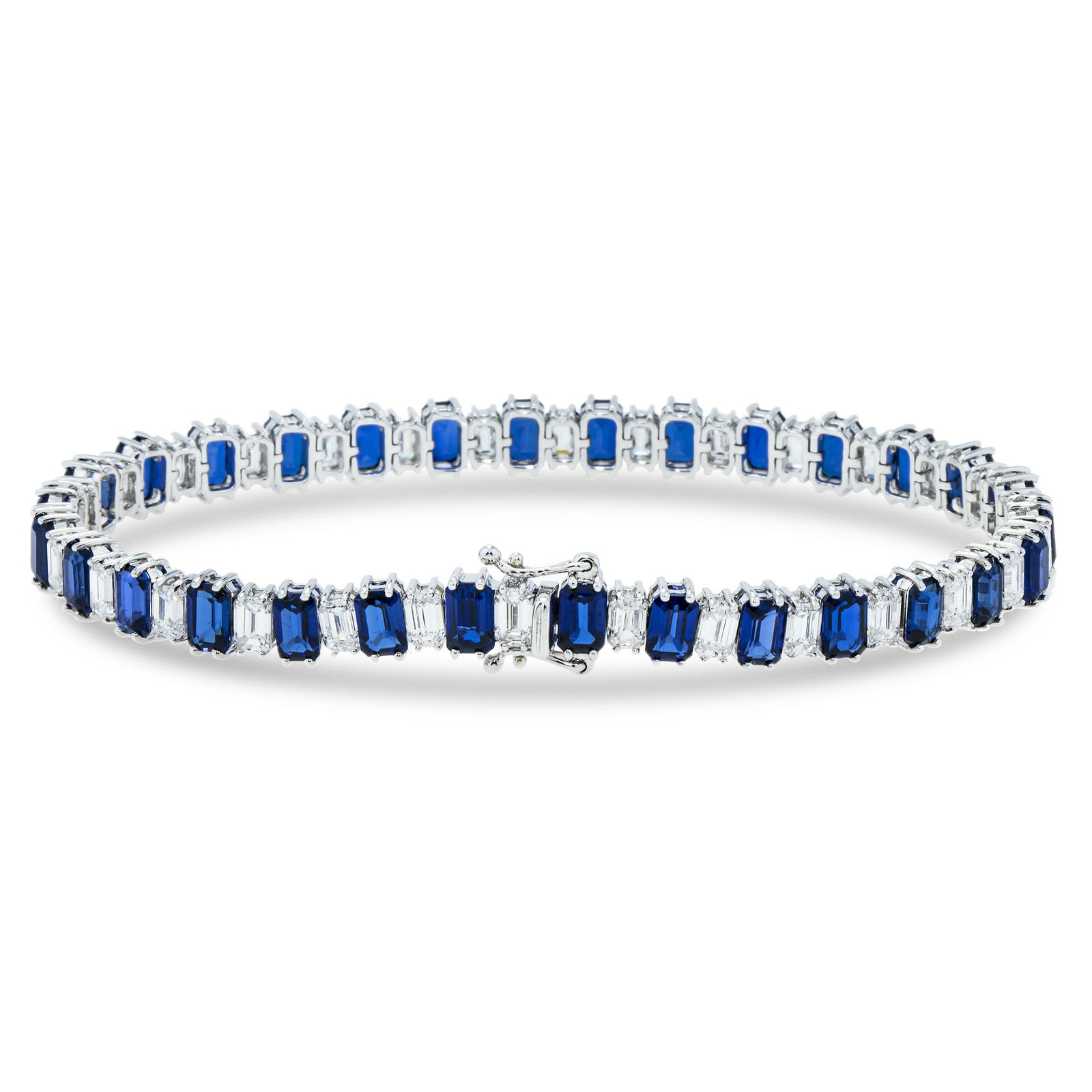 18kt White Gold 5.5tcw Sapphire And Diamond Tennis Bracelet: Gold Type: 18 kt White Gold Gold weight (gram): 16 Total Carat Weight of Lab Grown Diamonds (Approximate): 5.5 Total # of Lab Grown Diamonds: 30 Shape of Lab Grown Diamonds: Emerald Lab Grow