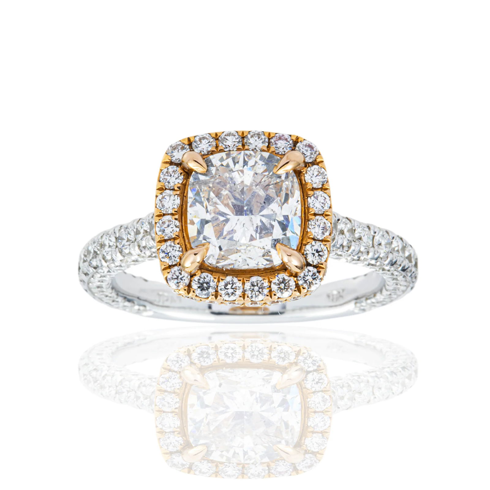 18 kt 2-Tone Gold 3.6tcw Dual Tone Cushion Cut Diamond Pave Ring: Gold Type: 18 kt Yellow & White Gold Gold weight (gram): 6 Total Carat Weight of Lab Grown Diamonds (Approximate): 3.6 Total # of Lab Grown Diamonds: 161 Shape of Lab Grown Diamonds: Cushion/