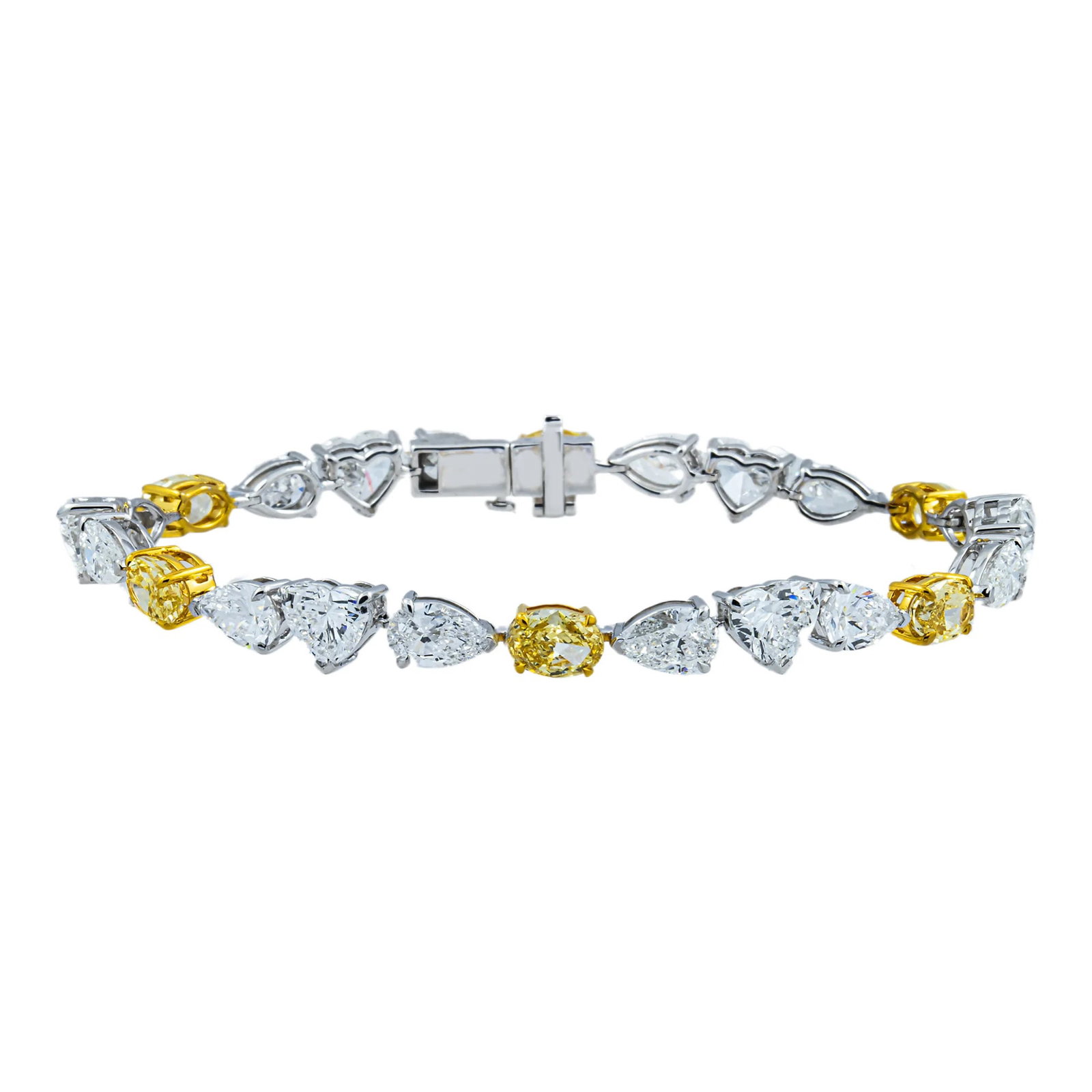 14kt White Gold 15.12tcw Fancy Color Mix Cut Tennis Bracelet: Gold Type: 14 kt White Gold Gold weight (gram): 15 Total Carat Weight of Lab Grown Diamonds (Approximate): 15.12 Total # of Lab Grown Diamonds: 18 Shape of Lab Grown Diamonds: Pear/ Heart La