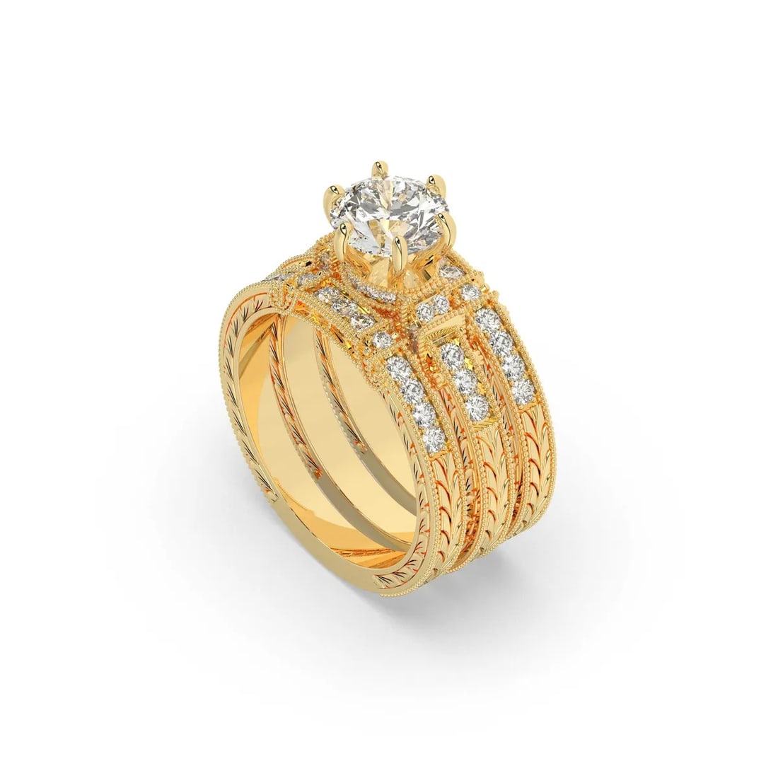 14kt Yellow Gold 2.5tcw Vintage Engagement Contour Diamond Ring Band Set: Gold Type: 14kt Yellow Gold Gold weight (gram): 13 Total Carat Weight of Lab Grown Diamonds (Approximate): 2.5 Total # of Lab Grown Diamonds: 55 Shape of Lab Grown Diamonds: Round Lab Grown