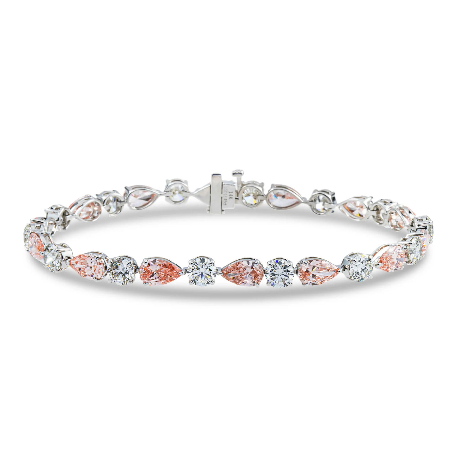 14kt White Gold 13.45tcw Fancy Pink Diamond Tennis Bracelet: Gold Type: 14 kt White Gold Gold weight (gram): 17 Total Carat Weight of Lab Grown Diamonds (Approximate): 13.45 Total # of Lab Grown Diamonds: 10 Shape of Lab Grown Diamonds: Round Lab Grow