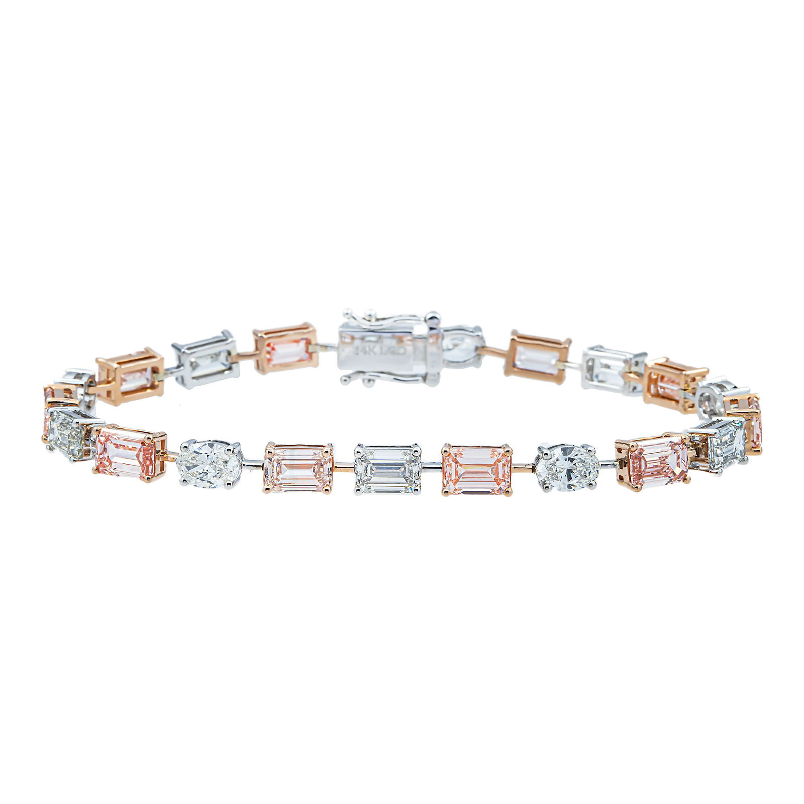 14kt 2-Tone Gold 15.38tcw Two Tone Color Mix Cut Diamond Bracelet: Gold Type: 14 kt White & Rose Gold Gold weight (gram): 14 Total Carat Weight of Lab Grown Diamonds (Approximate): 15.38 Total # of Lab Grown Diamonds: 12 Shape of Lab Grown Diamonds: Emerald/