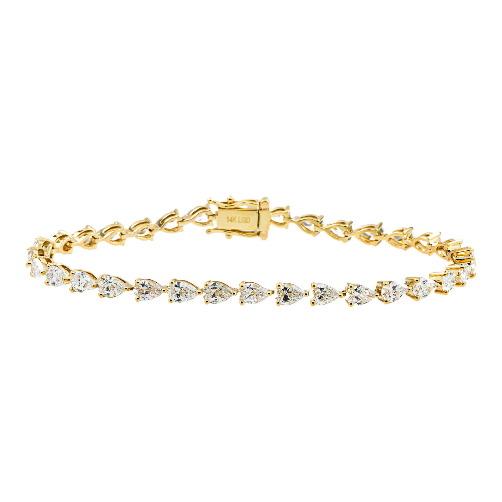14kt Yellow Gold 7.02tcw Pear Diamond Tennis Bracelet: Gold Type: 14 kt Yellow Gold Gold weight (gram): 12 Total Carat Weight of Lab Grown Diamonds (Approximate): 7.02 Total # of Lab Grown Diamonds: 34 Shape of Lab Grown Diamonds: Pear Lab Grown