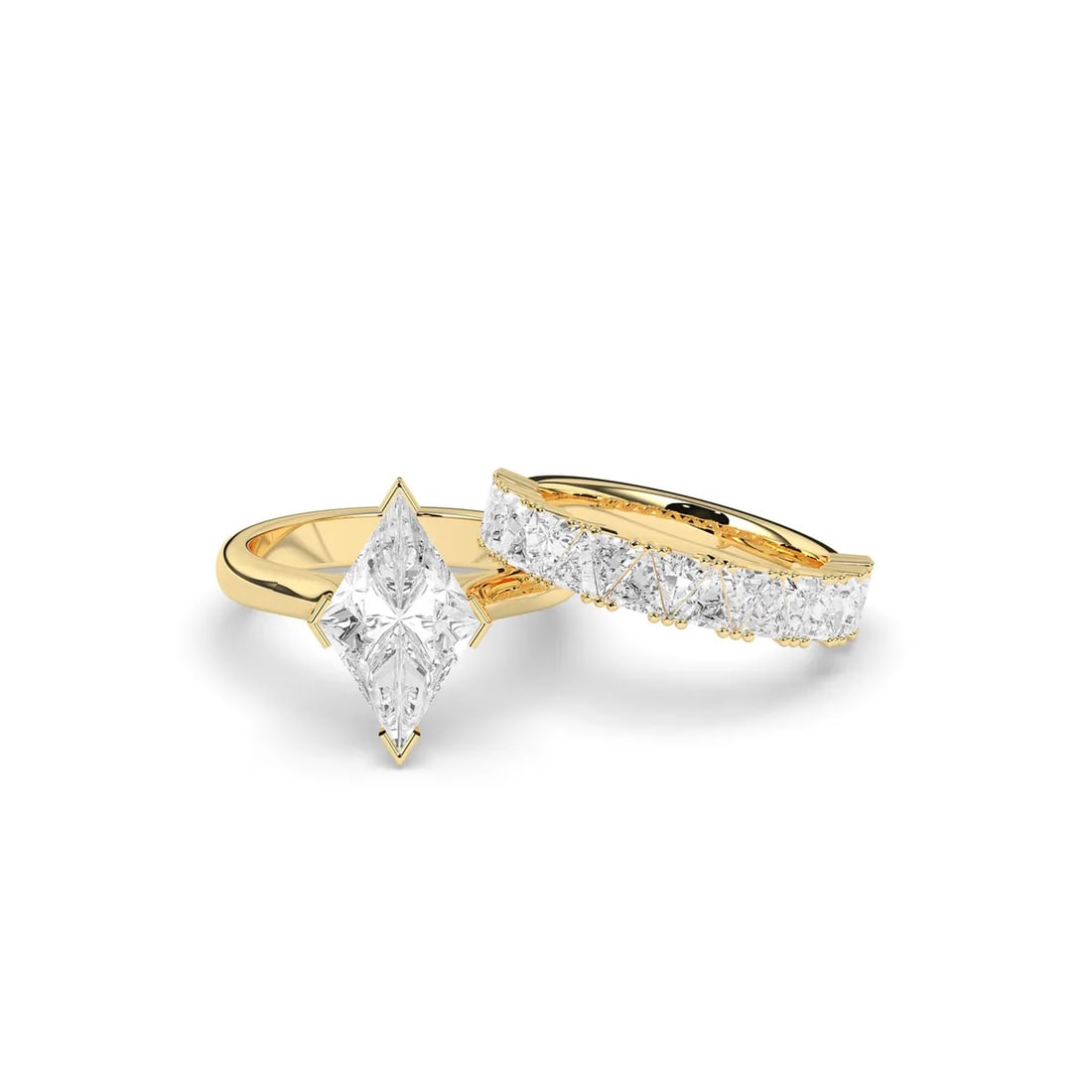 14kt Yellow Gold 6.5tcw Kite Solitaire Diamond Ring with Trillion Diamonds Band Set (1 of 4)