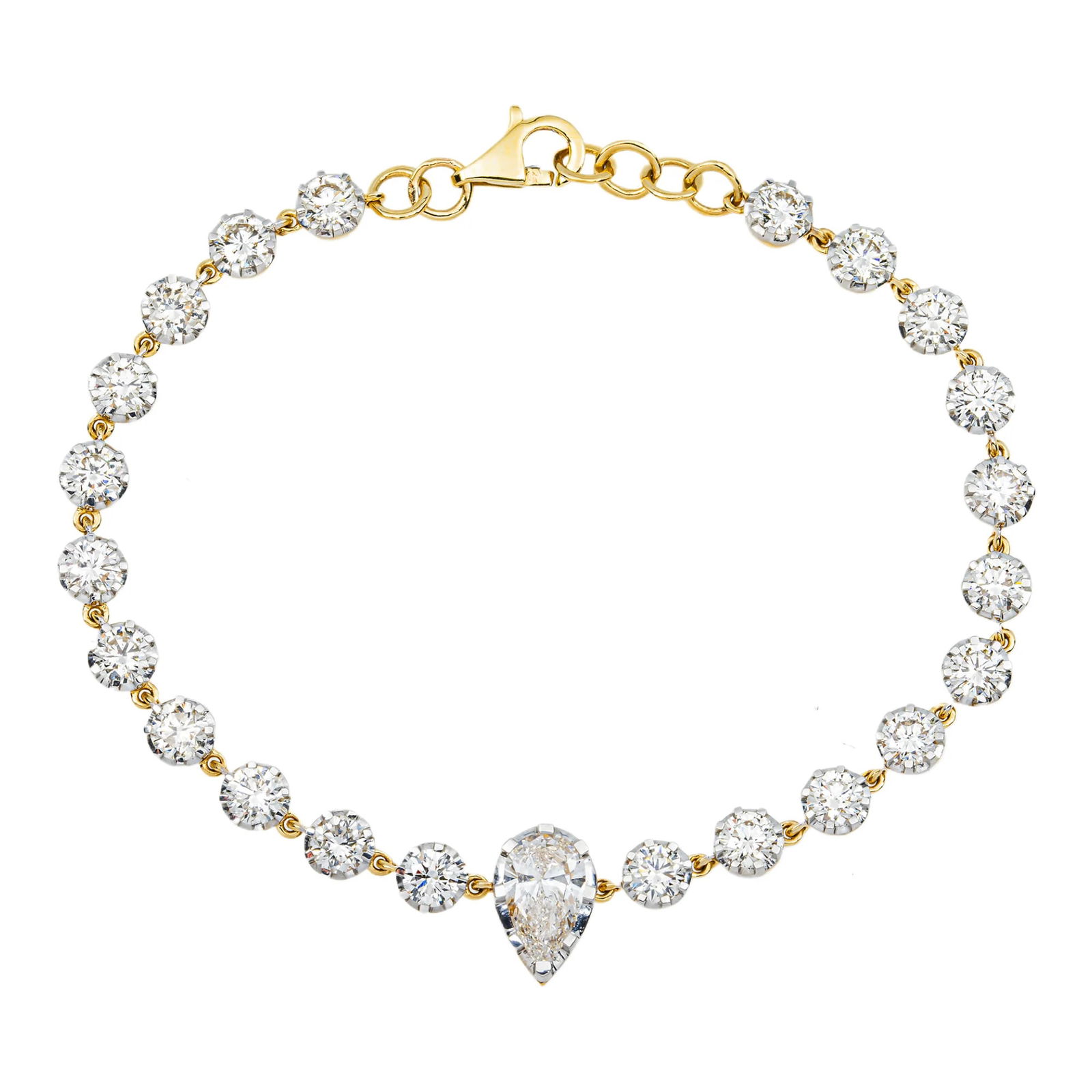 14kt Yellow Gold 5.75tcw Round And Pear Diamond Fancy Bracelet: Gold Type: 14 kt Yellow Gold Gold weight (gram): 15 Total Carat Weight of Lab Grown Diamonds (Approximate): 5.75 Total # of Lab Grown Diamonds: 23 Shape of Lab Grown Diamonds: Pear/ Round La