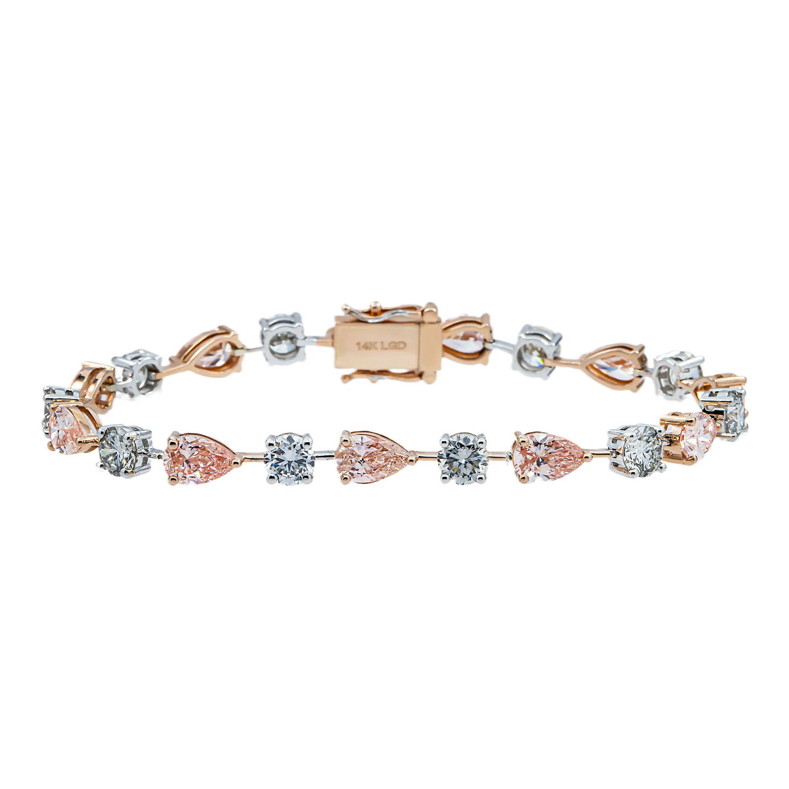 14kt Rose Gold 12.37tcw Fancy Pink Diamond Bracelet: Gold Type: 14 kt Rose Gold Gold weight (gram): 15 Total Carat Weight of Lab Grown Diamonds (Approximate): 12.37 Total # of Lab Grown Diamonds: 10 Shape of Lab Grown Diamonds: Round Lab Grown